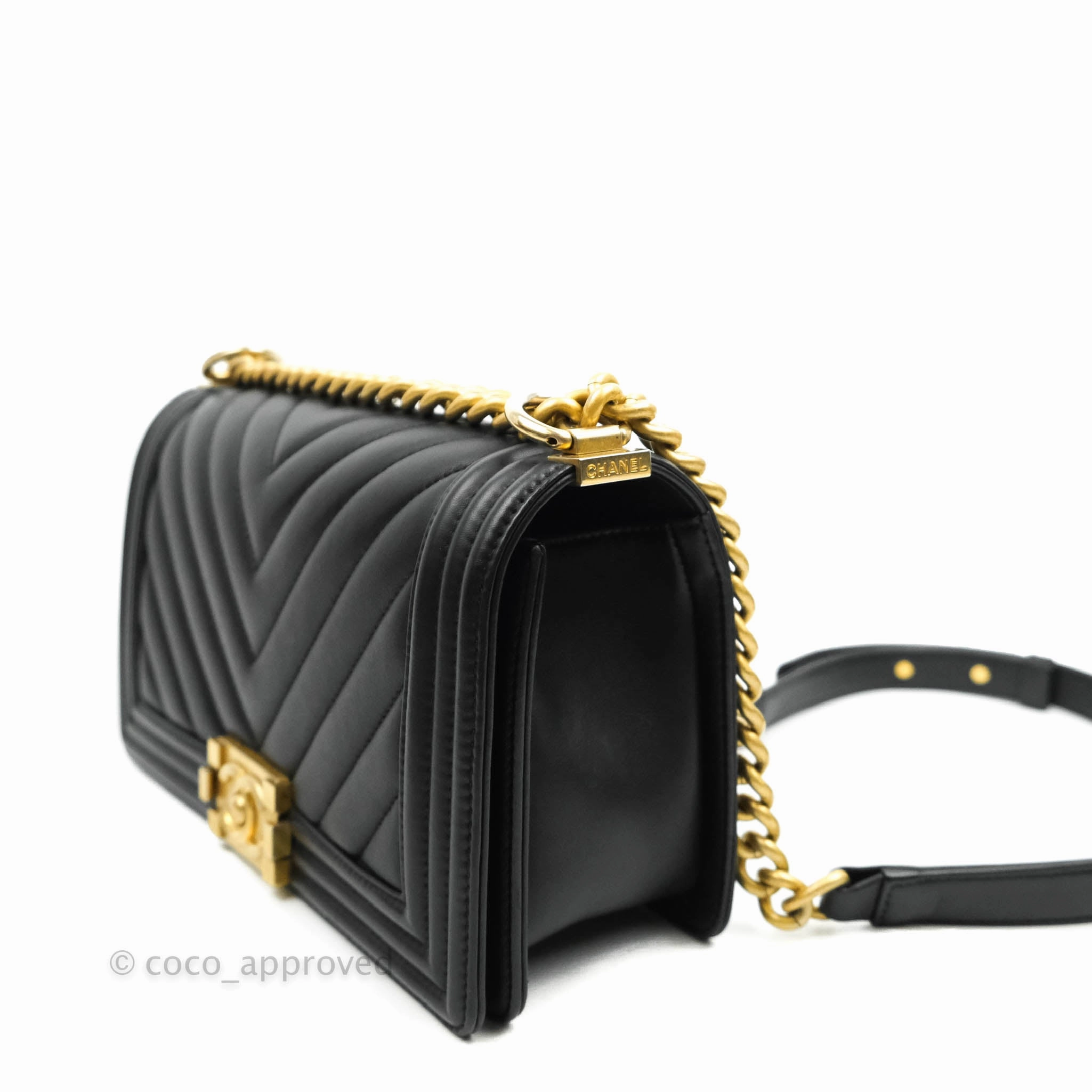 Chanel Medium Chevron Boy Black Calfskin Aged Gold Hardware