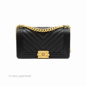 Chanel Medium Chevron Boy Black Calfskin Aged Gold Hardware