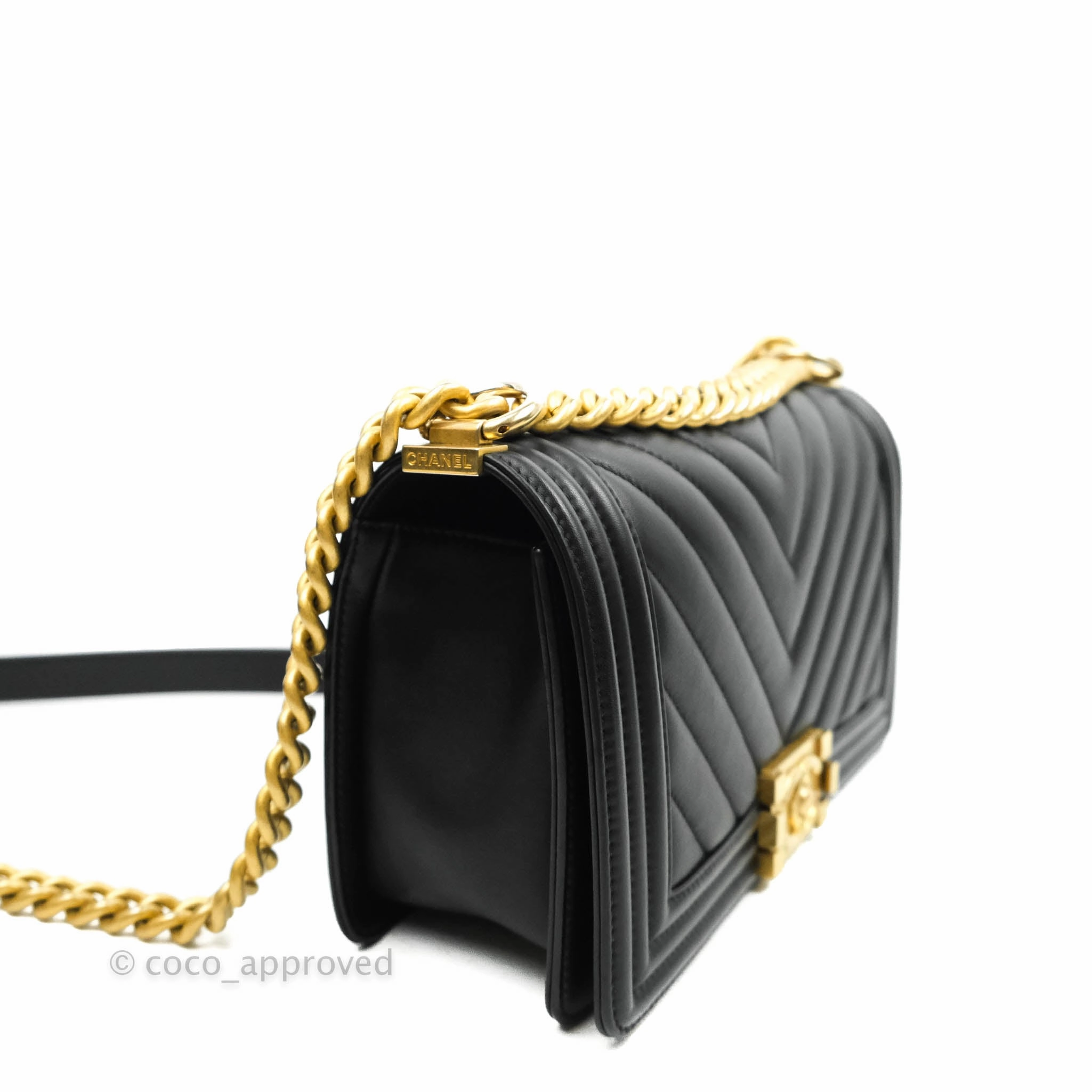 Chanel Medium Chevron Boy Black Calfskin Aged Gold Hardware