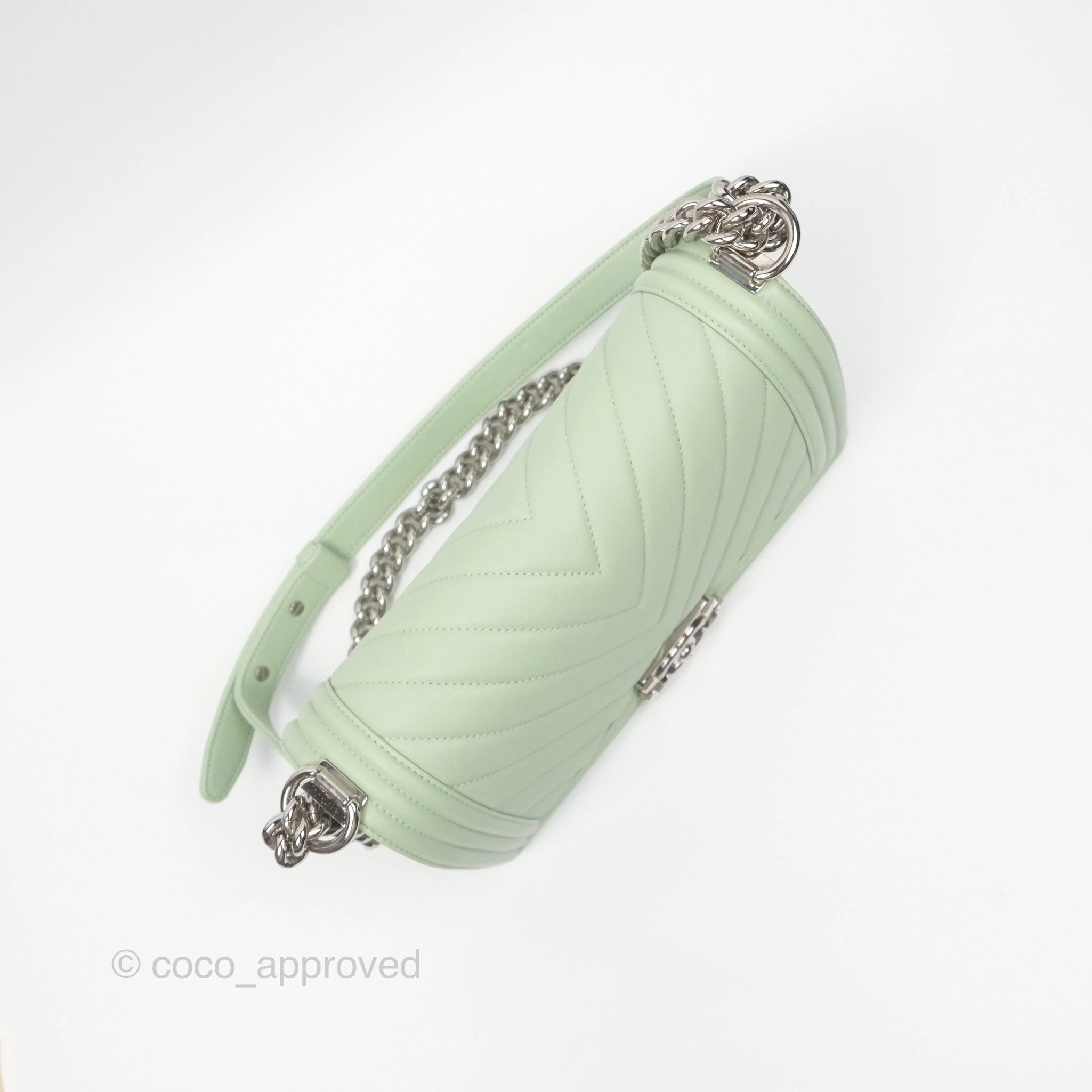 Chanel Medium Chevron Boy Mint Green Calfskin Silver Hardware