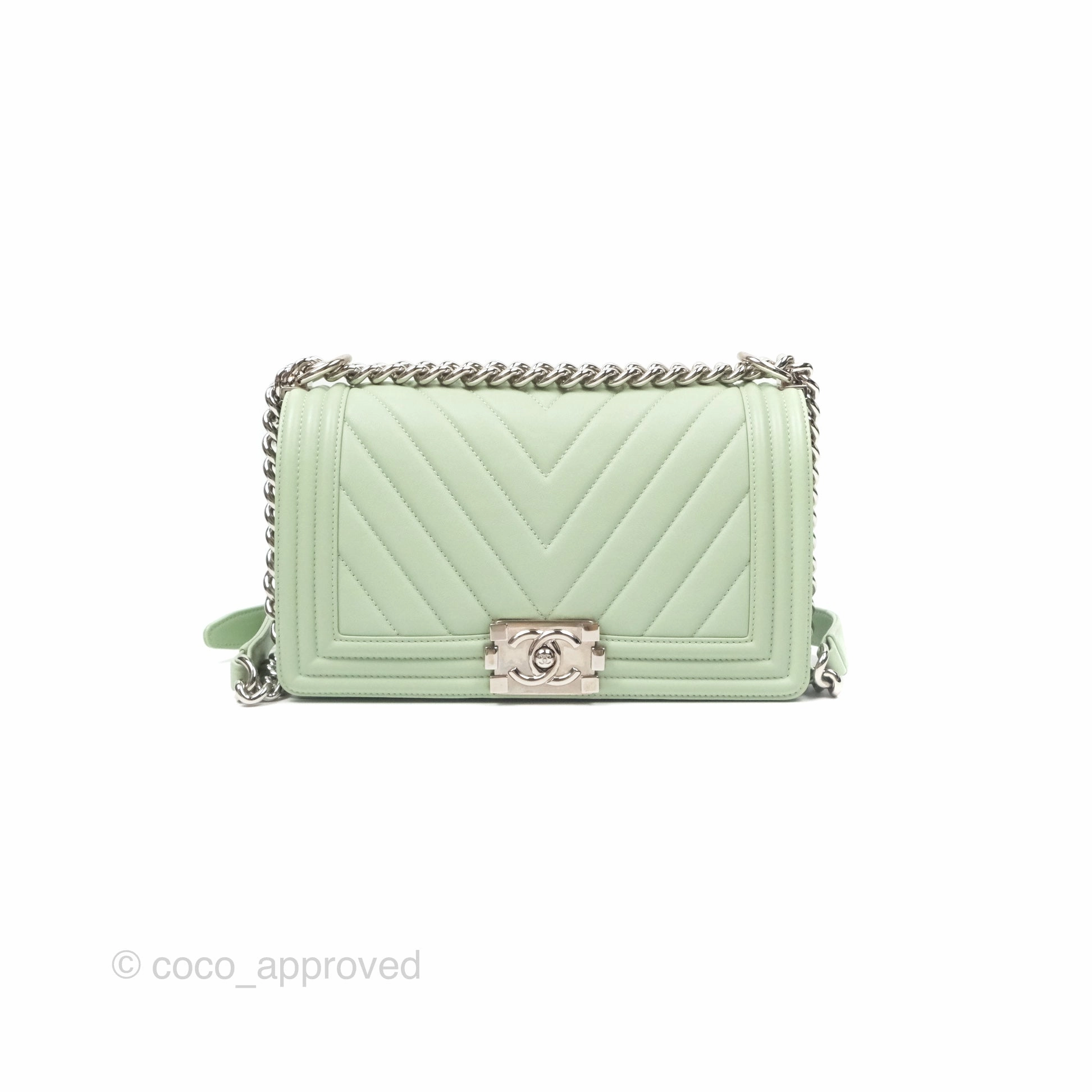 Chanel Medium Chevron Boy Mint Green Calfskin Silver Hardware