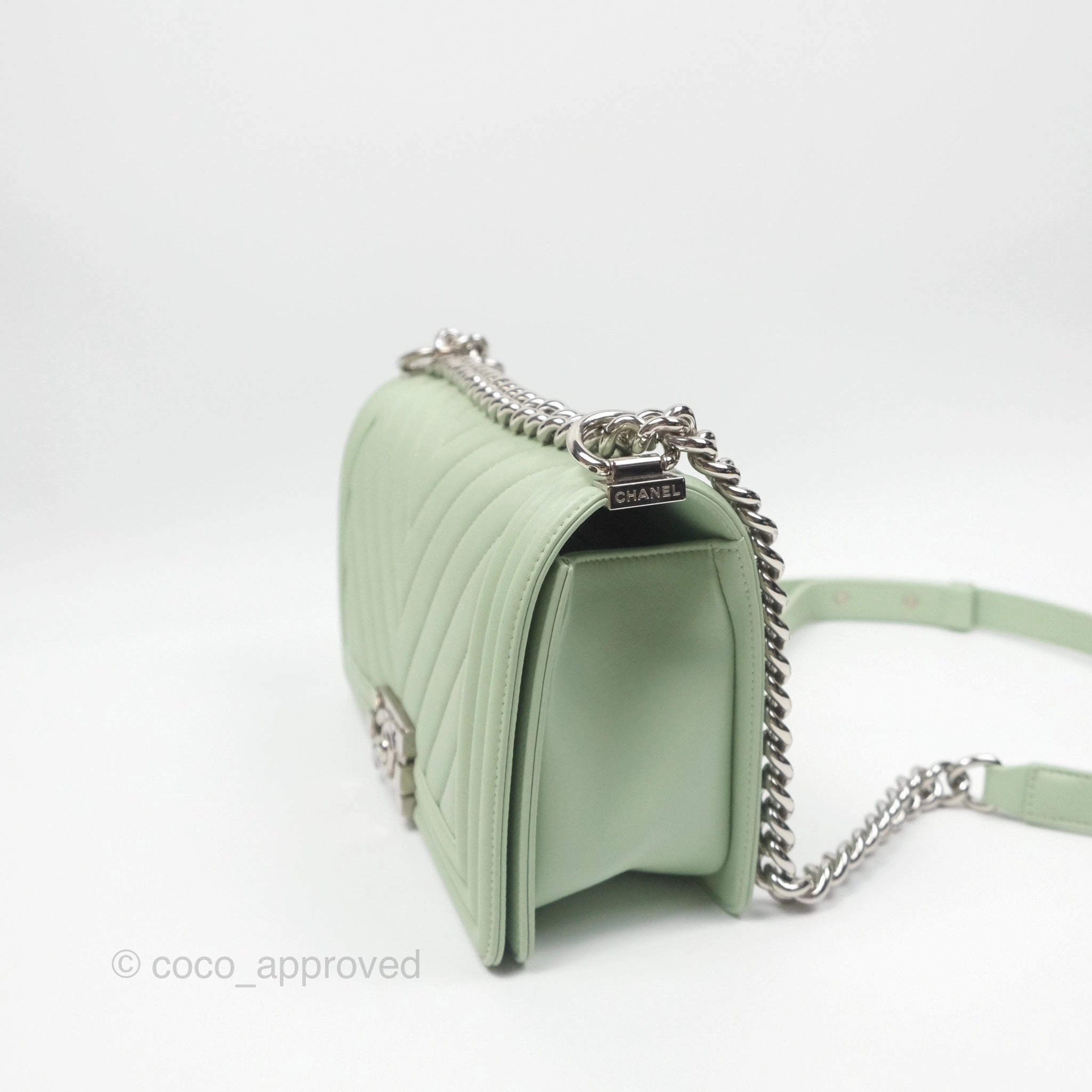 Chanel Medium Chevron Boy Mint Green Calfskin Silver Hardware