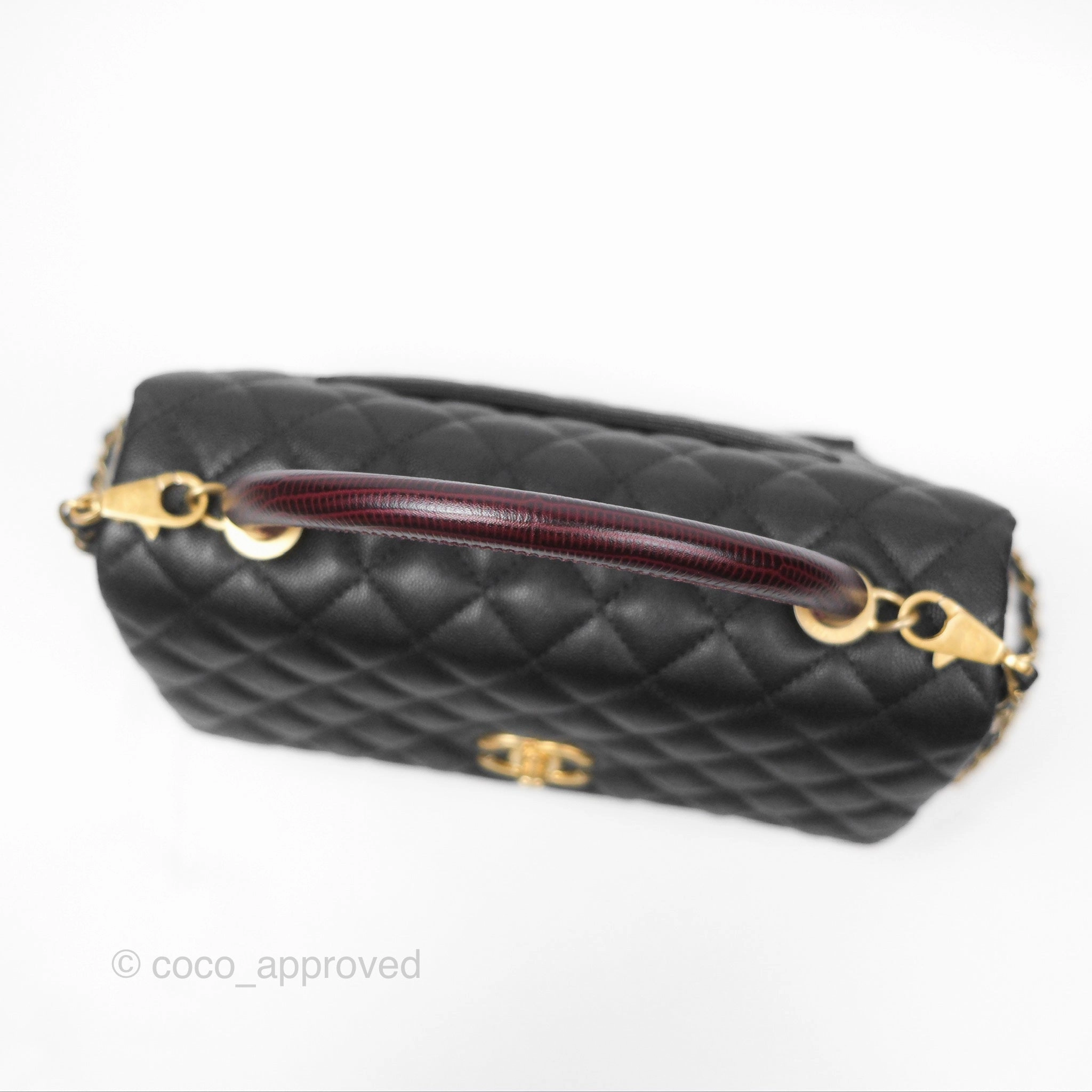 Chanel Medium Coco Handle Quilted Black Caviar Lizard Handle Gold Hardware