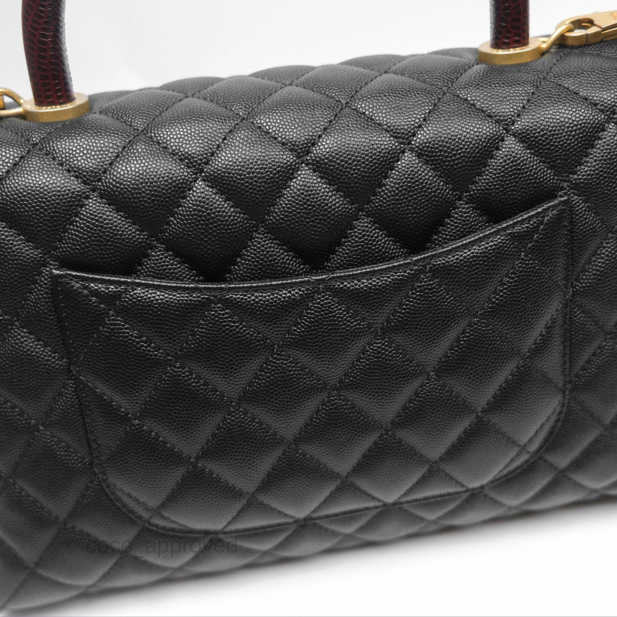 Chanel Medium Coco Handle Quilted Black Caviar Lizard Handle Gold Hardware