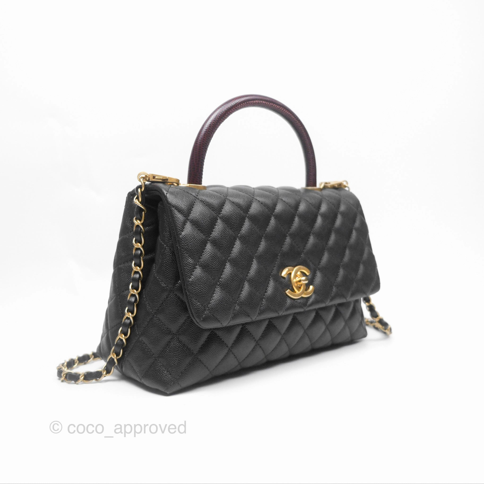 Chanel Medium Coco Handle Quilted Black Caviar Lizard Handle Gold Hardware