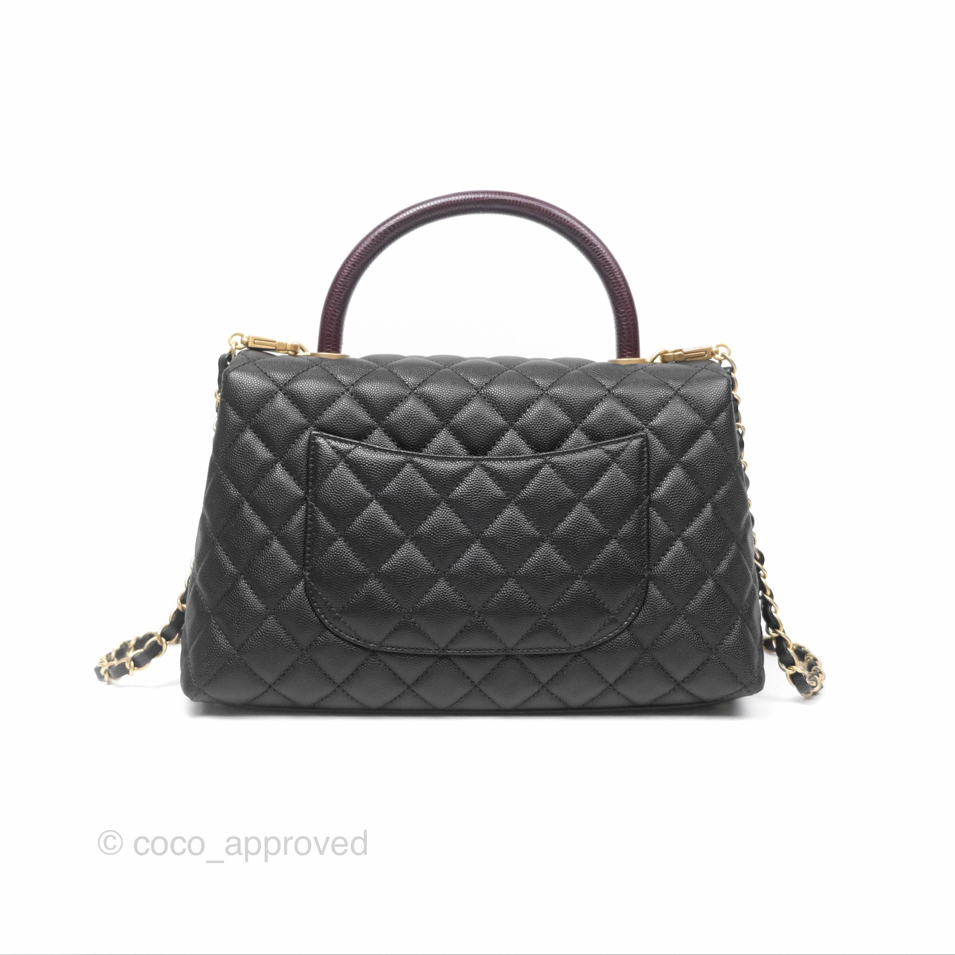 Chanel Medium Coco Handle Quilted Black Caviar Lizard Handle Gold Hardware