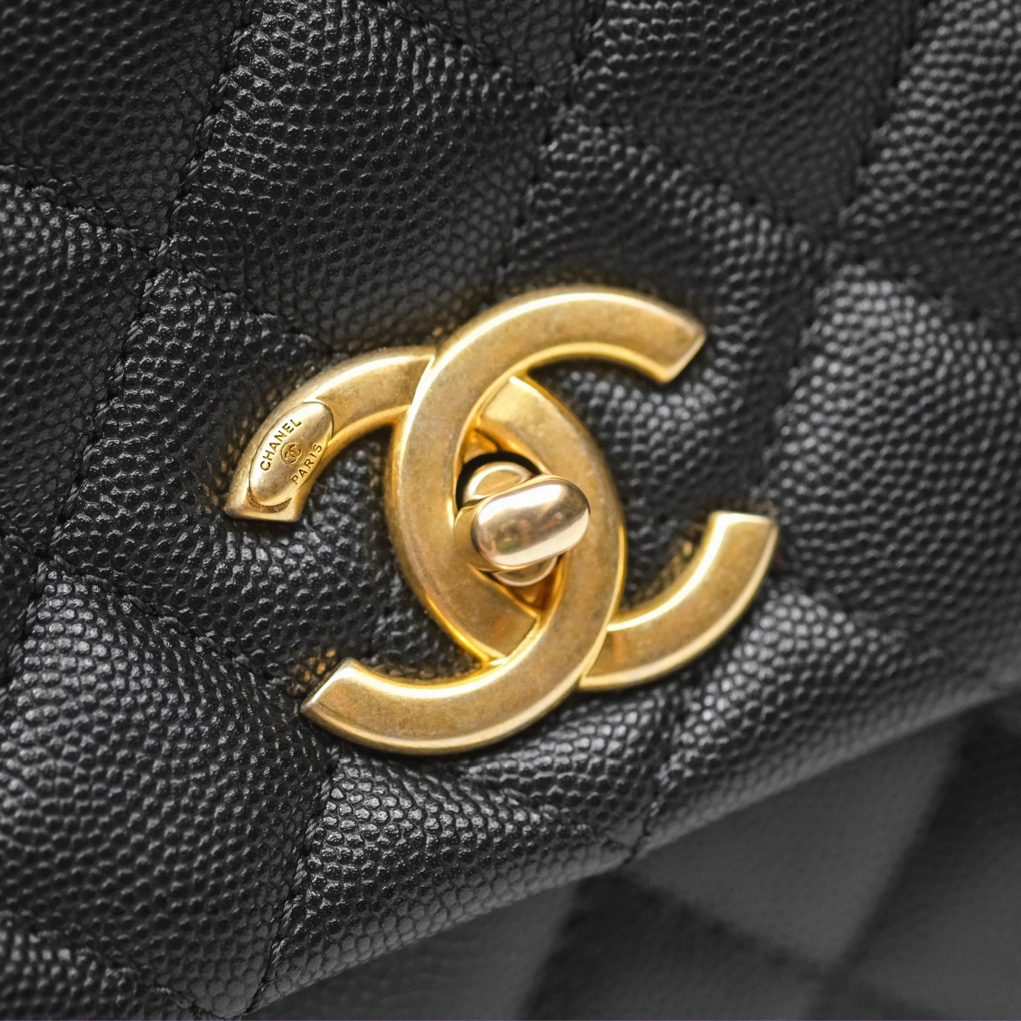 Chanel Medium Coco Handle Quilted Black Caviar Lizard Handle Gold Hardware