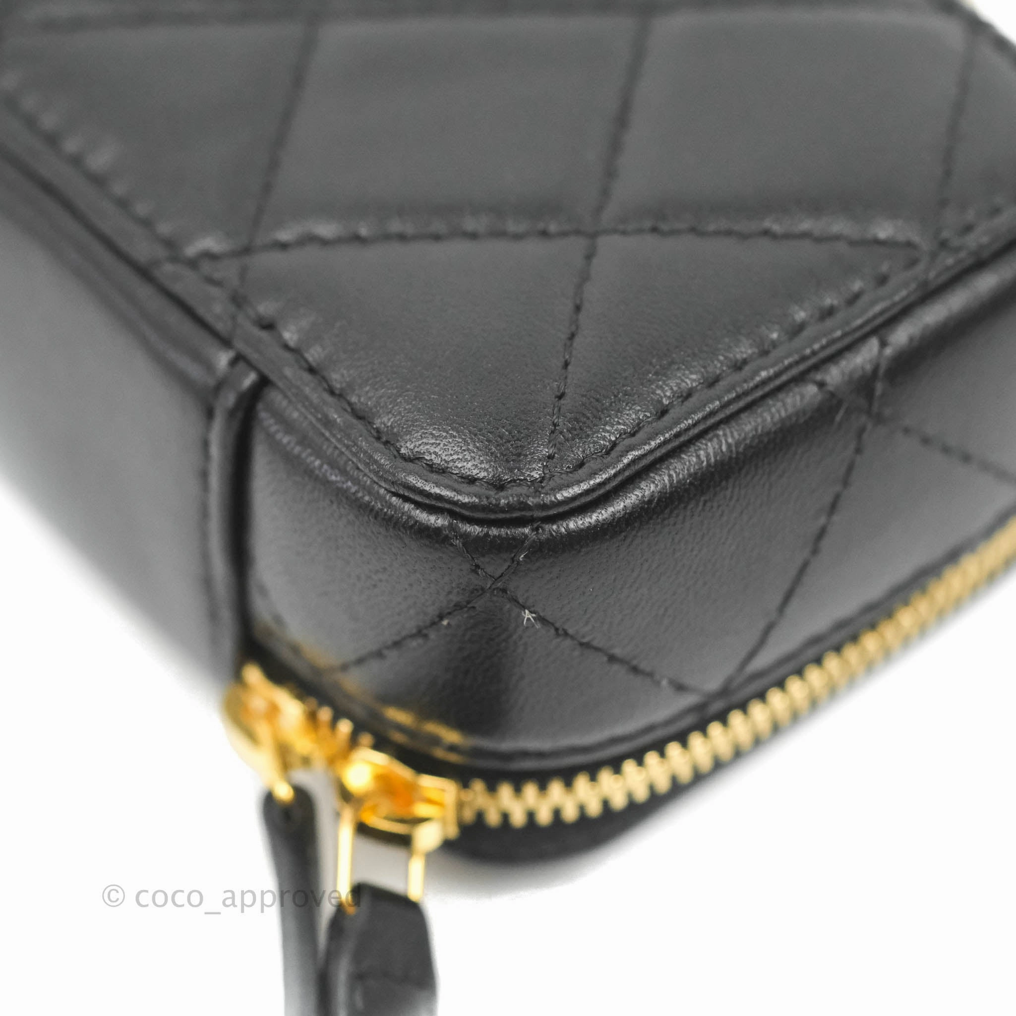 Chanel Metal Quilted Extra Mini Vanity Case With Chain Black Gold Lambskin