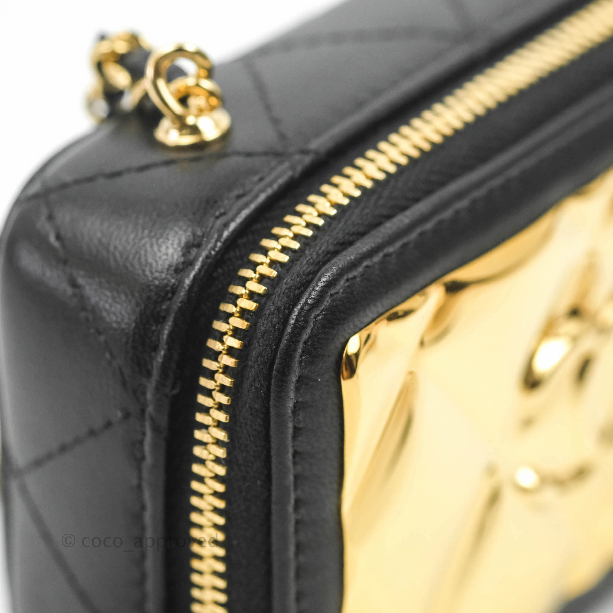 Chanel Metal Quilted Extra Mini Vanity Case With Chain Black Gold Lambskin