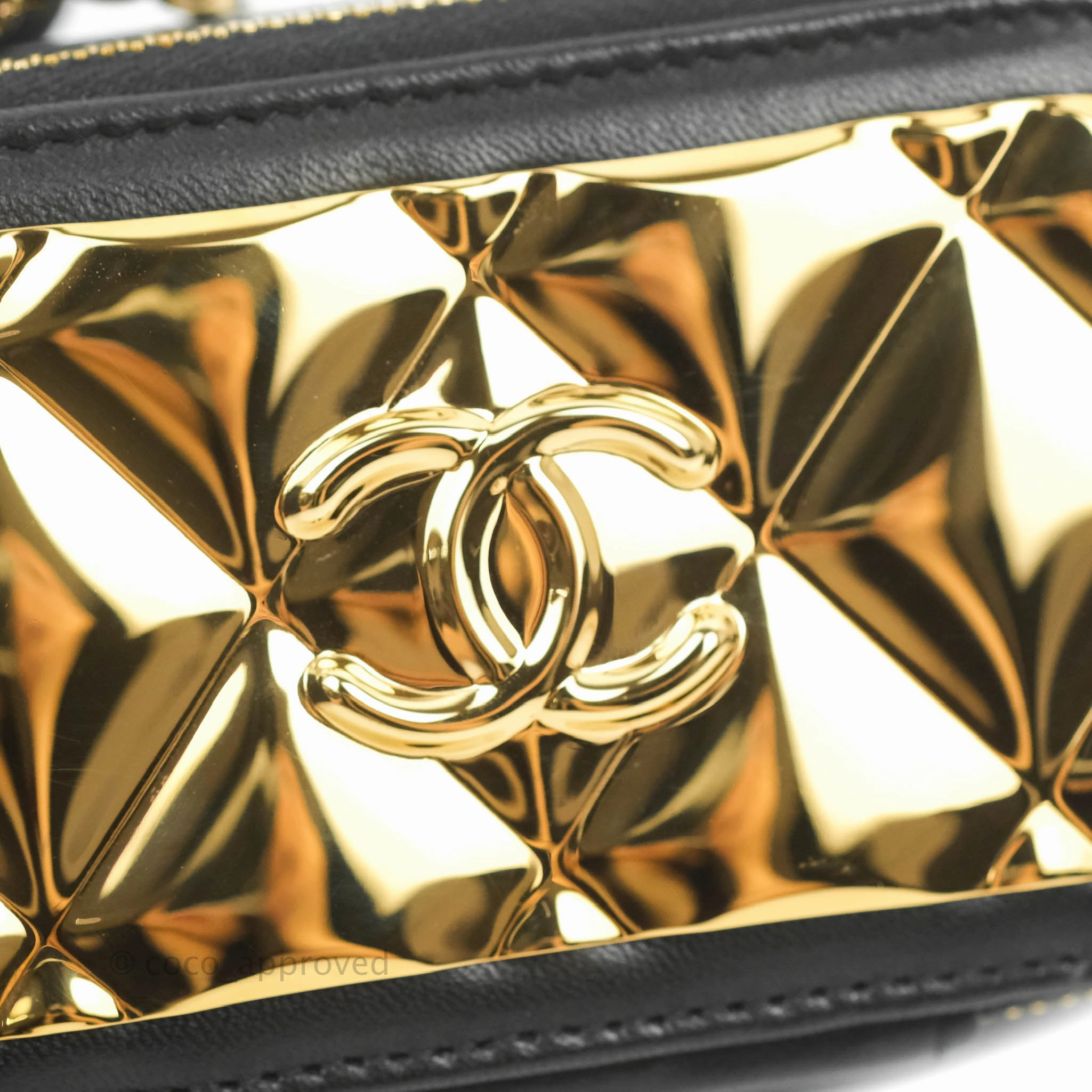 Chanel Metal Quilted Extra Mini Vanity Case With Chain Black Gold Lambskin