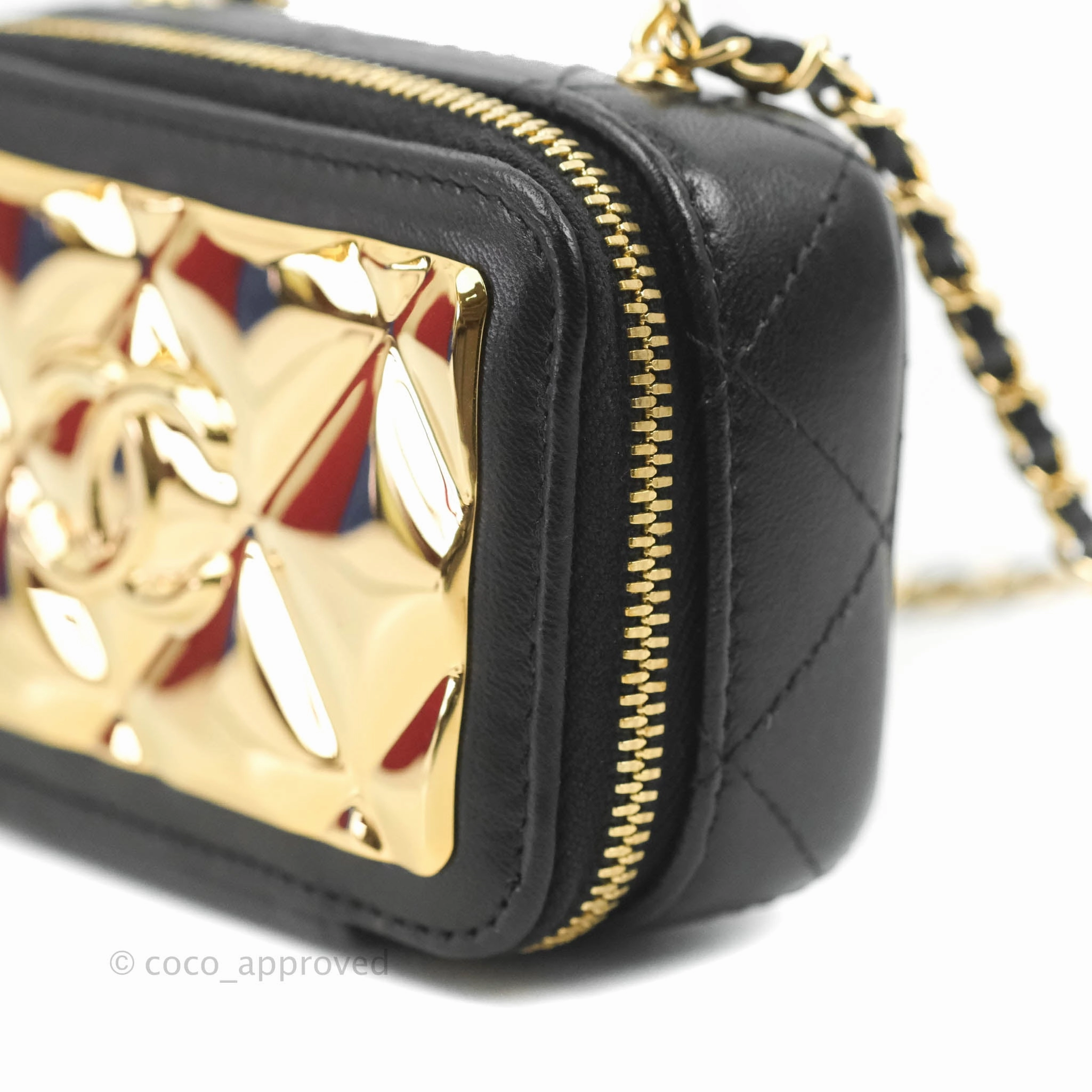 Chanel Metal Quilted Extra Mini Vanity Case With Chain Black Gold Lambskin
