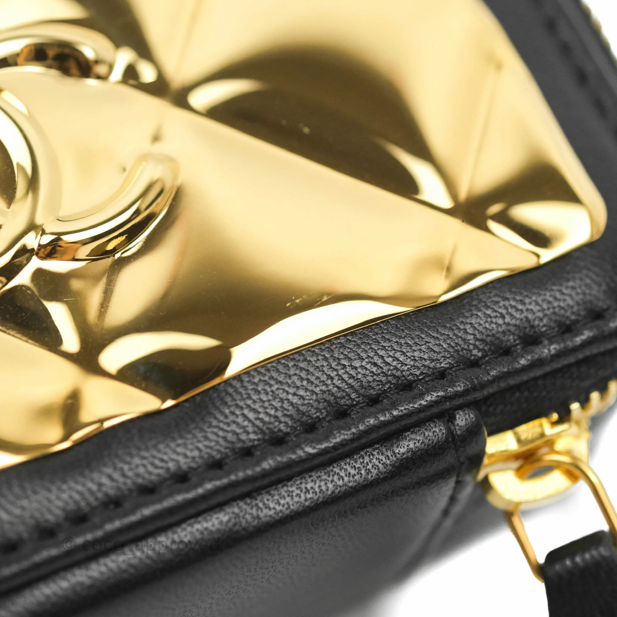 Chanel Metal Quilted Extra Mini Vanity Case With Chain Black Gold Lambskin