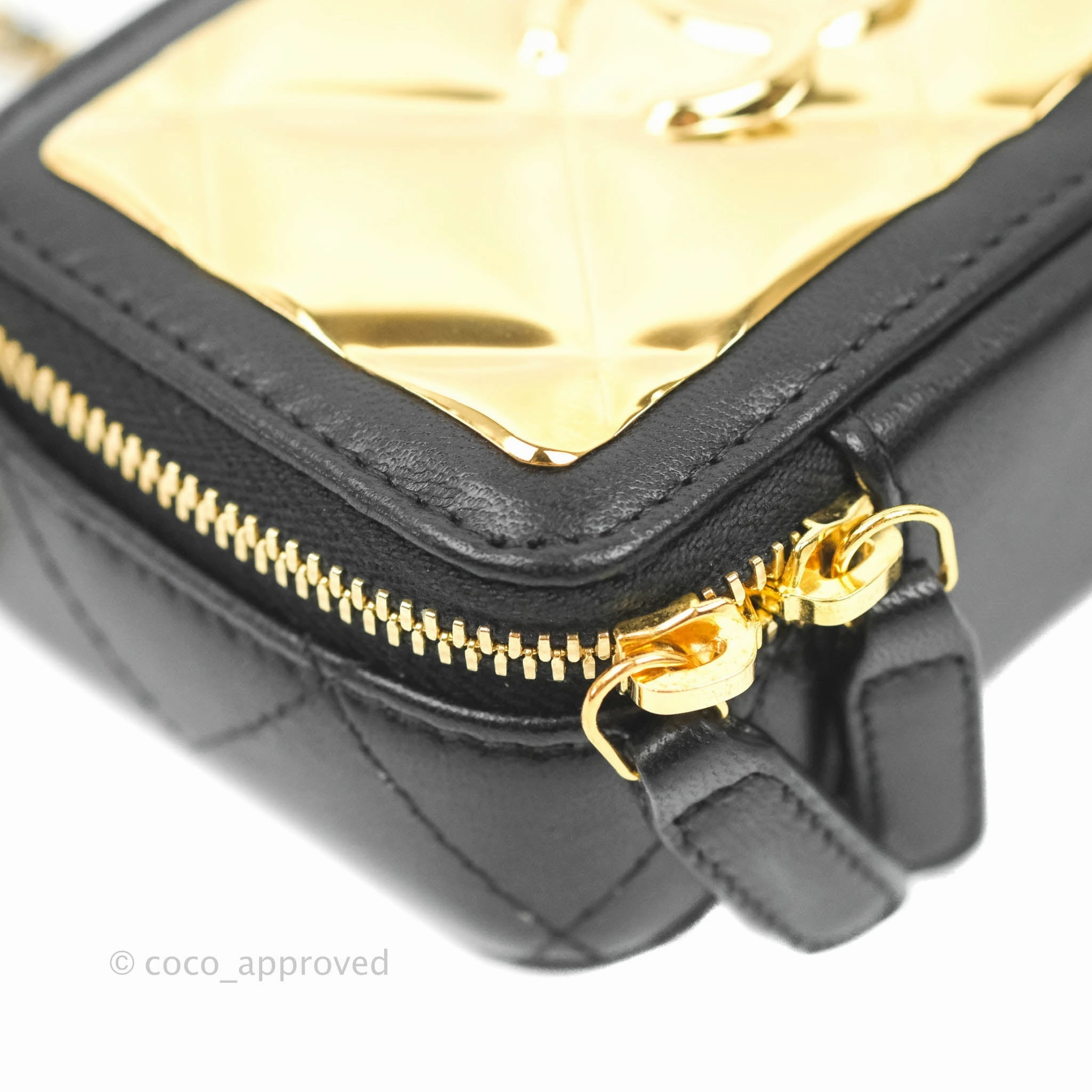 Chanel Metal Quilted Extra Mini Vanity Case With Chain Black Gold Lambskin