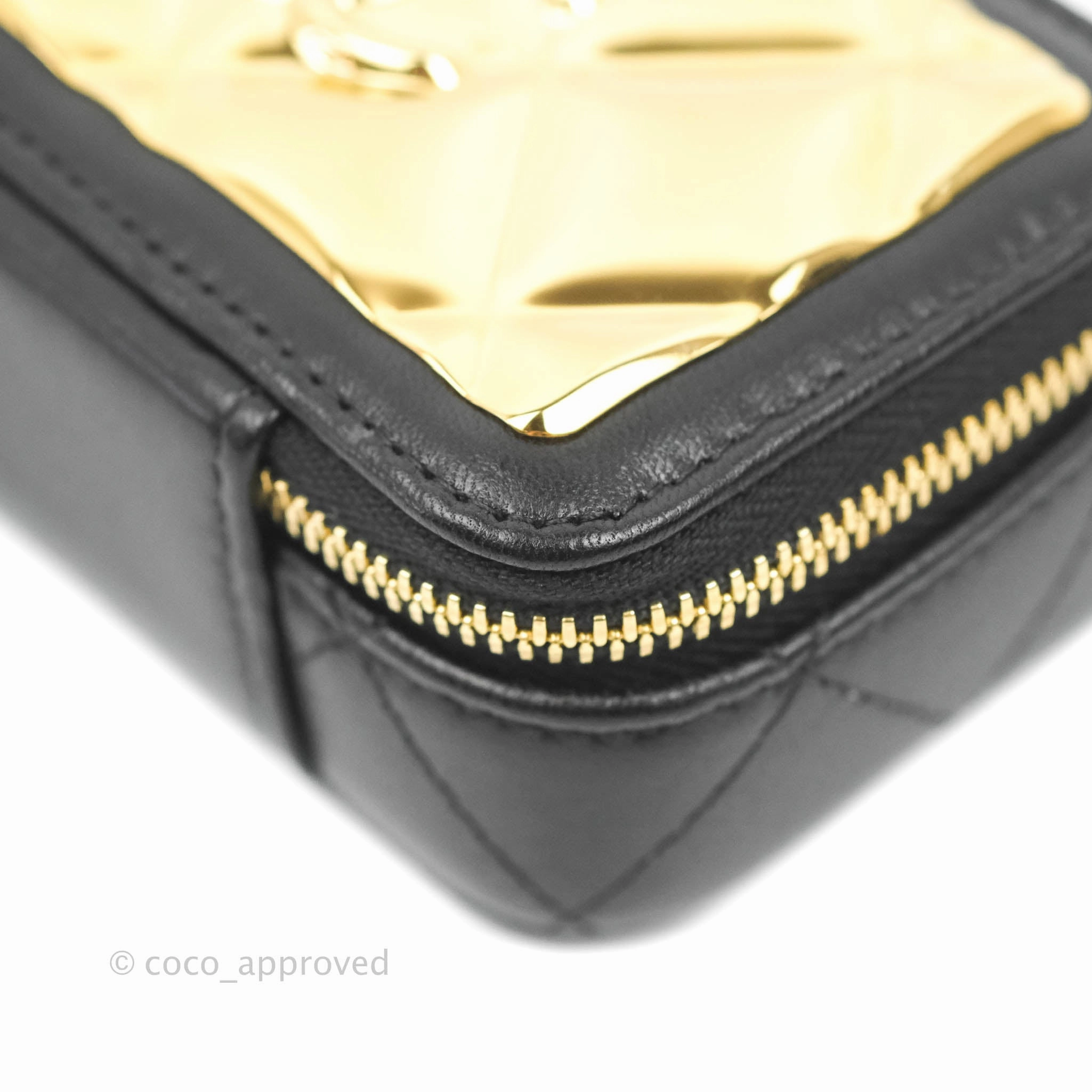 Chanel Metal Quilted Extra Mini Vanity Case With Chain Black Gold Lambskin