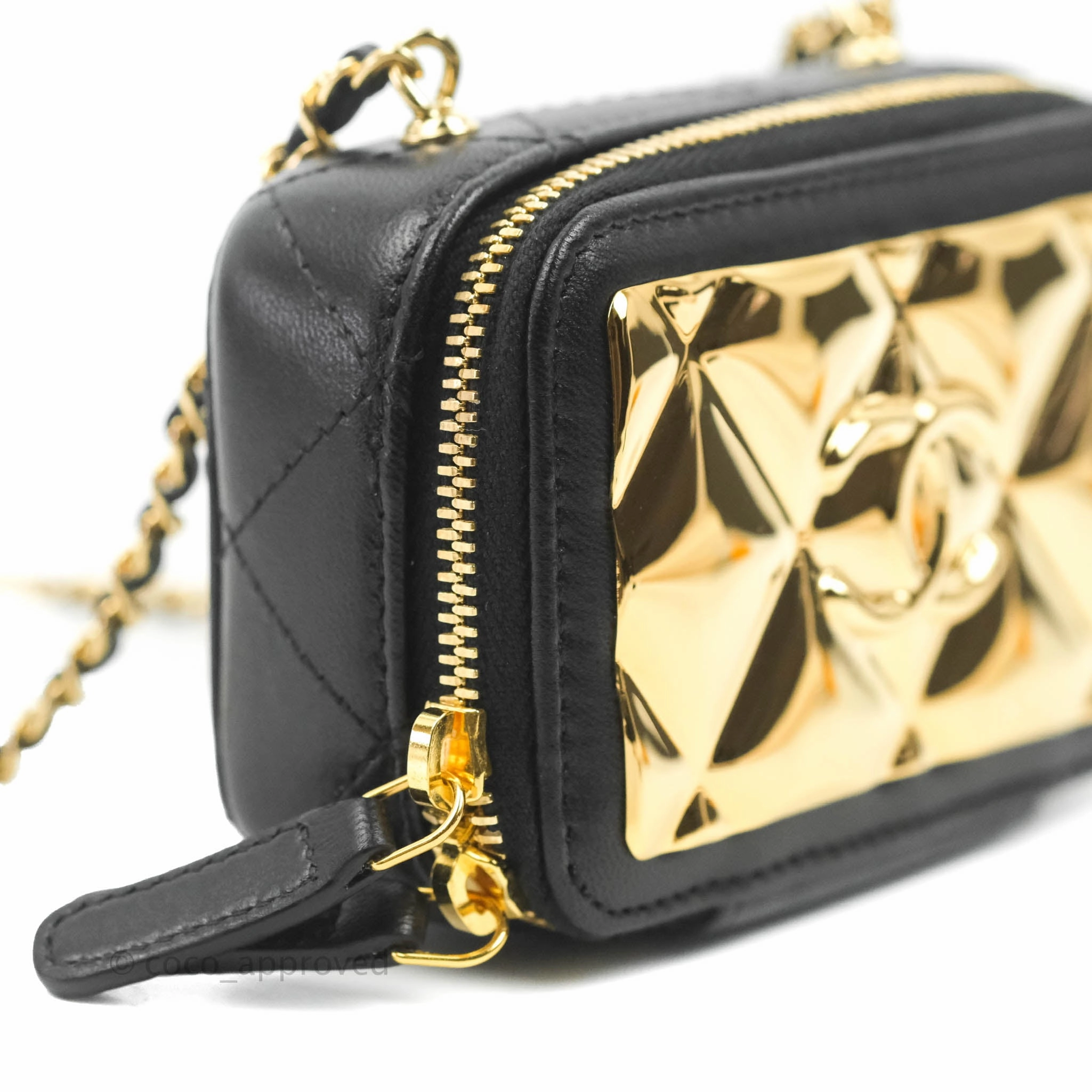 Chanel Metal Quilted Extra Mini Vanity Case With Chain Black Gold Lambskin