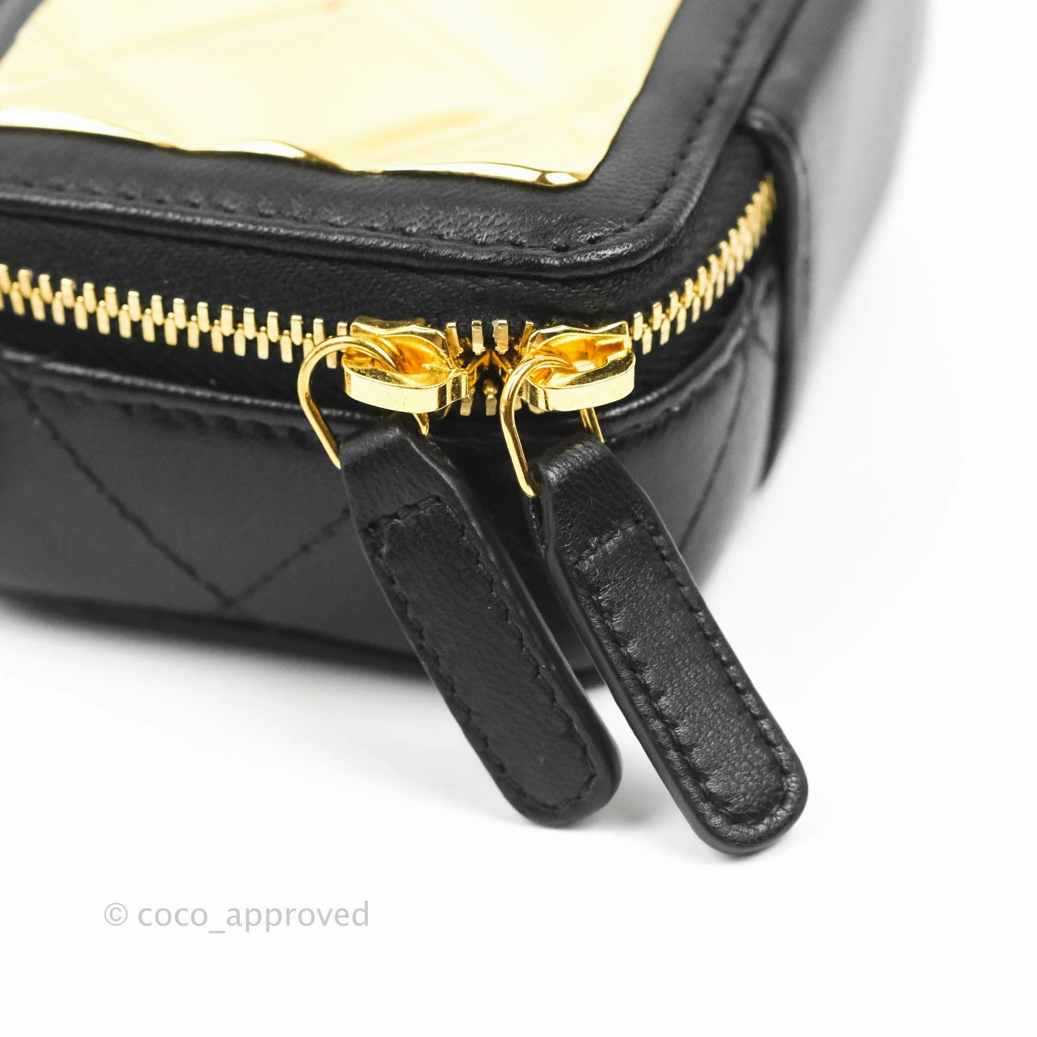 Chanel Metal Quilted Extra Mini Vanity Case With Chain Black Gold Lambskin