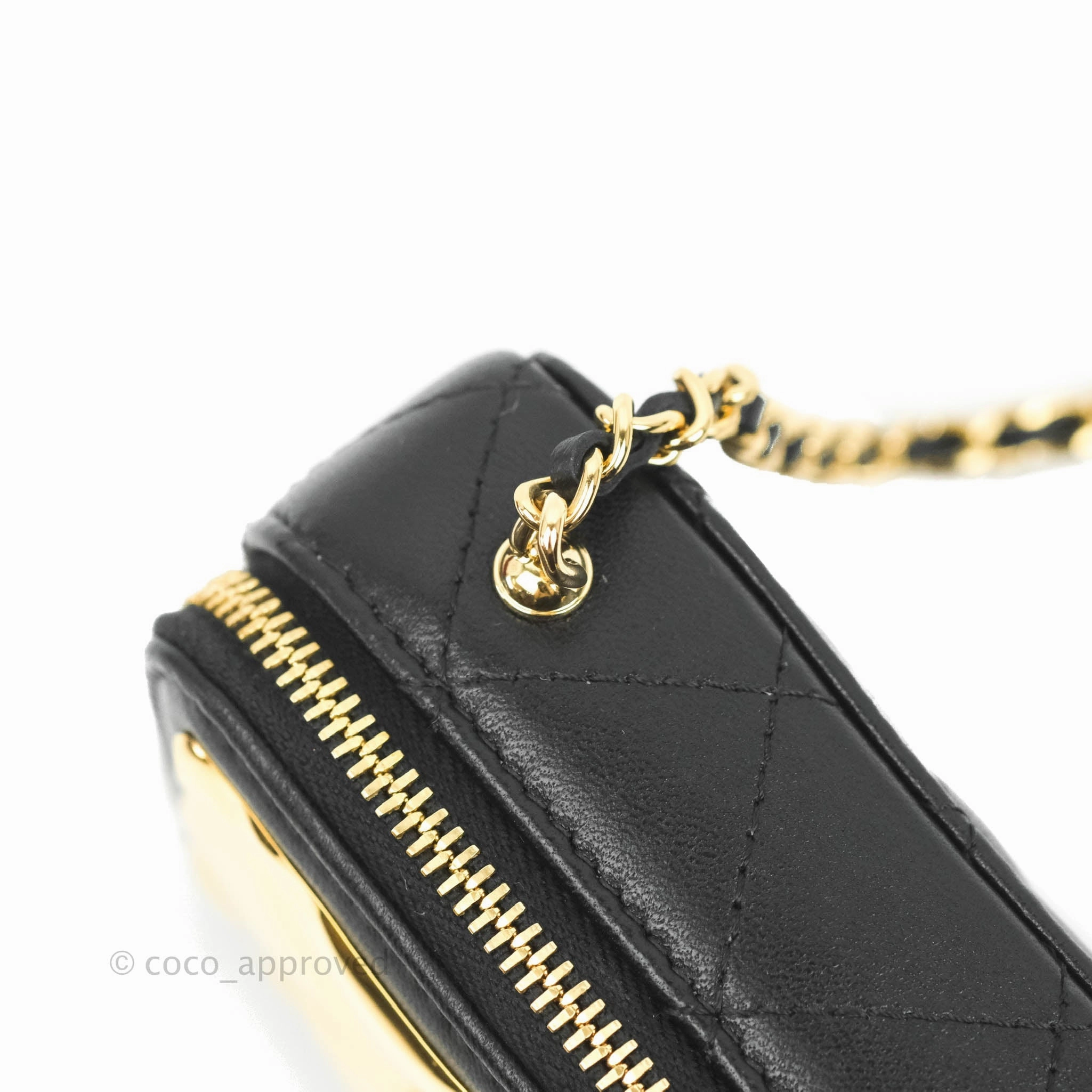 Chanel Metal Quilted Extra Mini Vanity Case With Chain Black Gold Lambskin