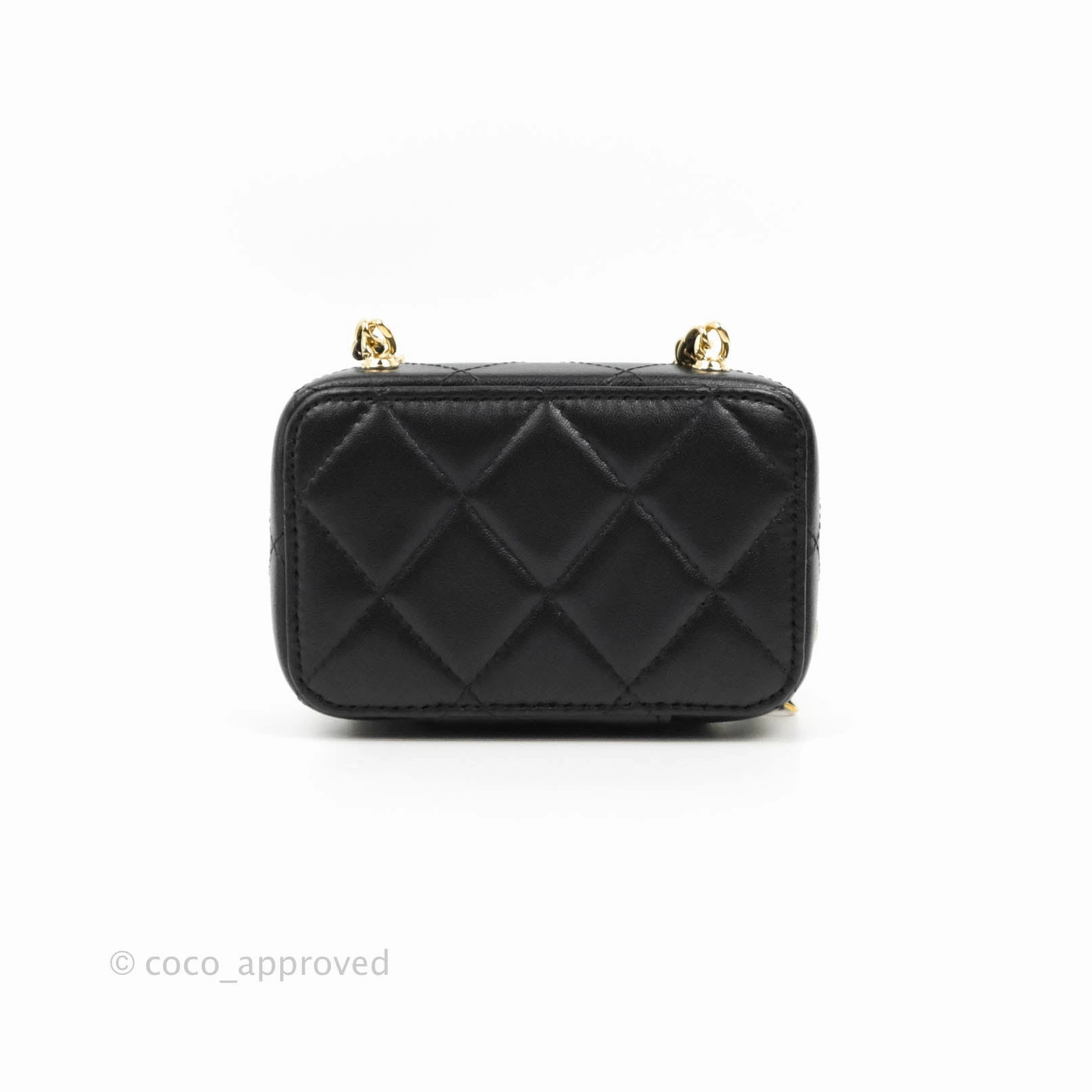 Chanel Metal Quilted Extra Mini Vanity Case With Chain Black Gold Lambskin