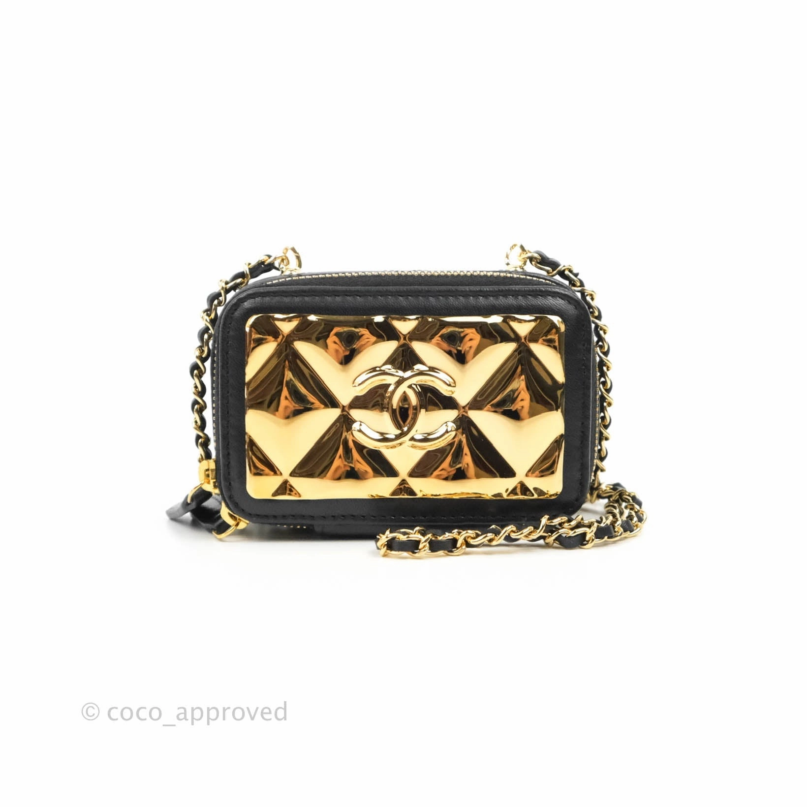 Chanel Metal Quilted Extra Mini Vanity Case With Chain Black Gold Lambskin