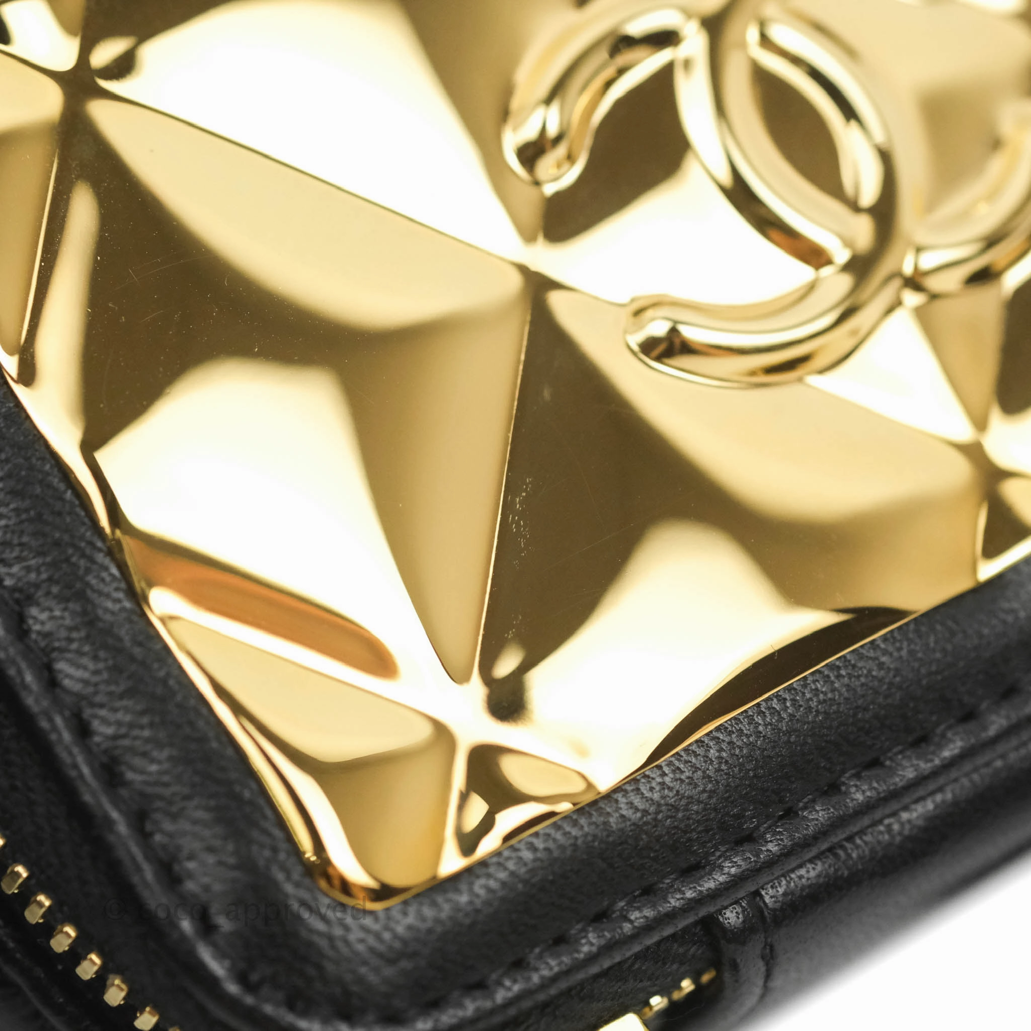 Chanel Metal Quilted Extra Mini Vanity Case With Chain Black Gold Lambskin