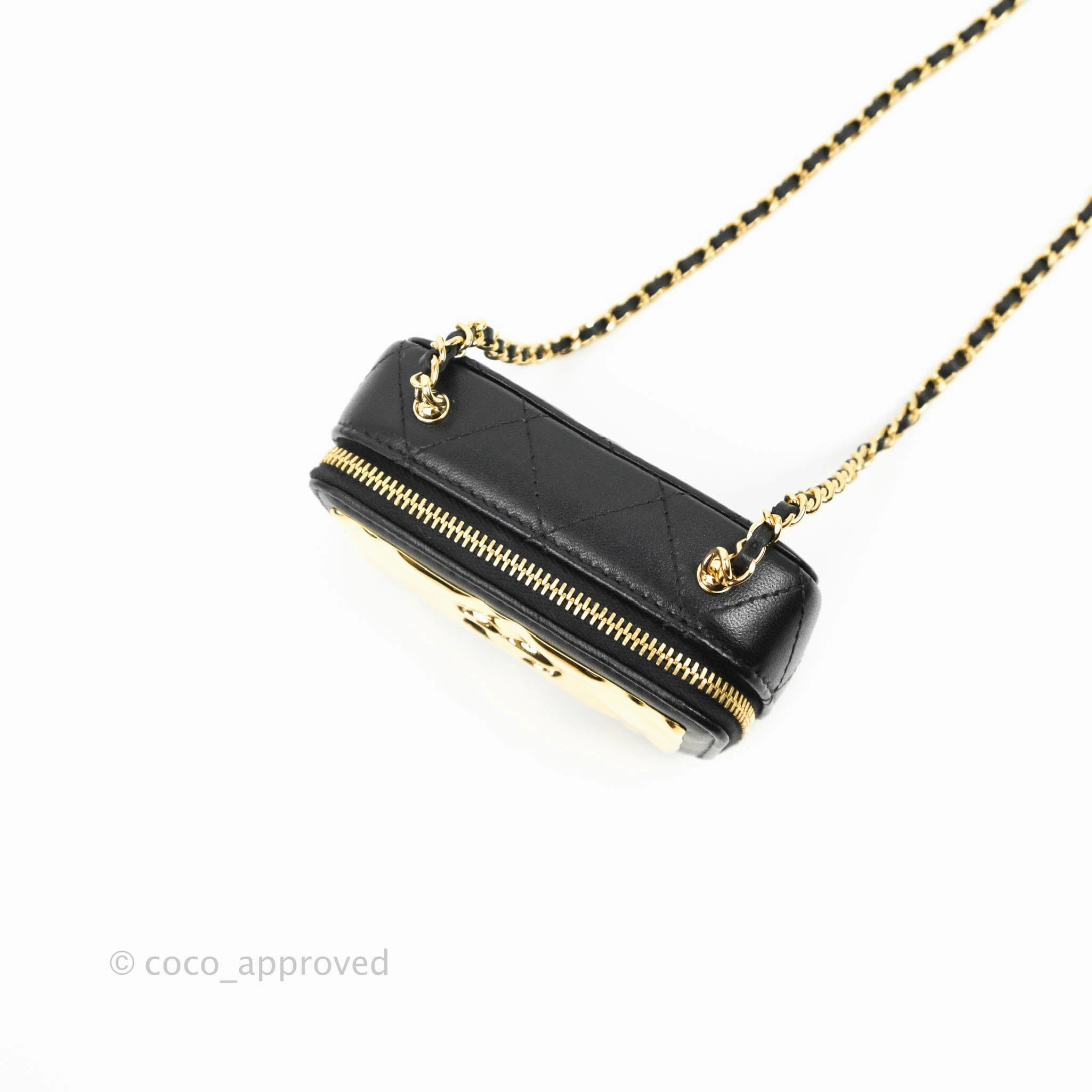 Chanel Metal Quilted Extra Mini Vanity Case With Chain Black Gold Lambskin