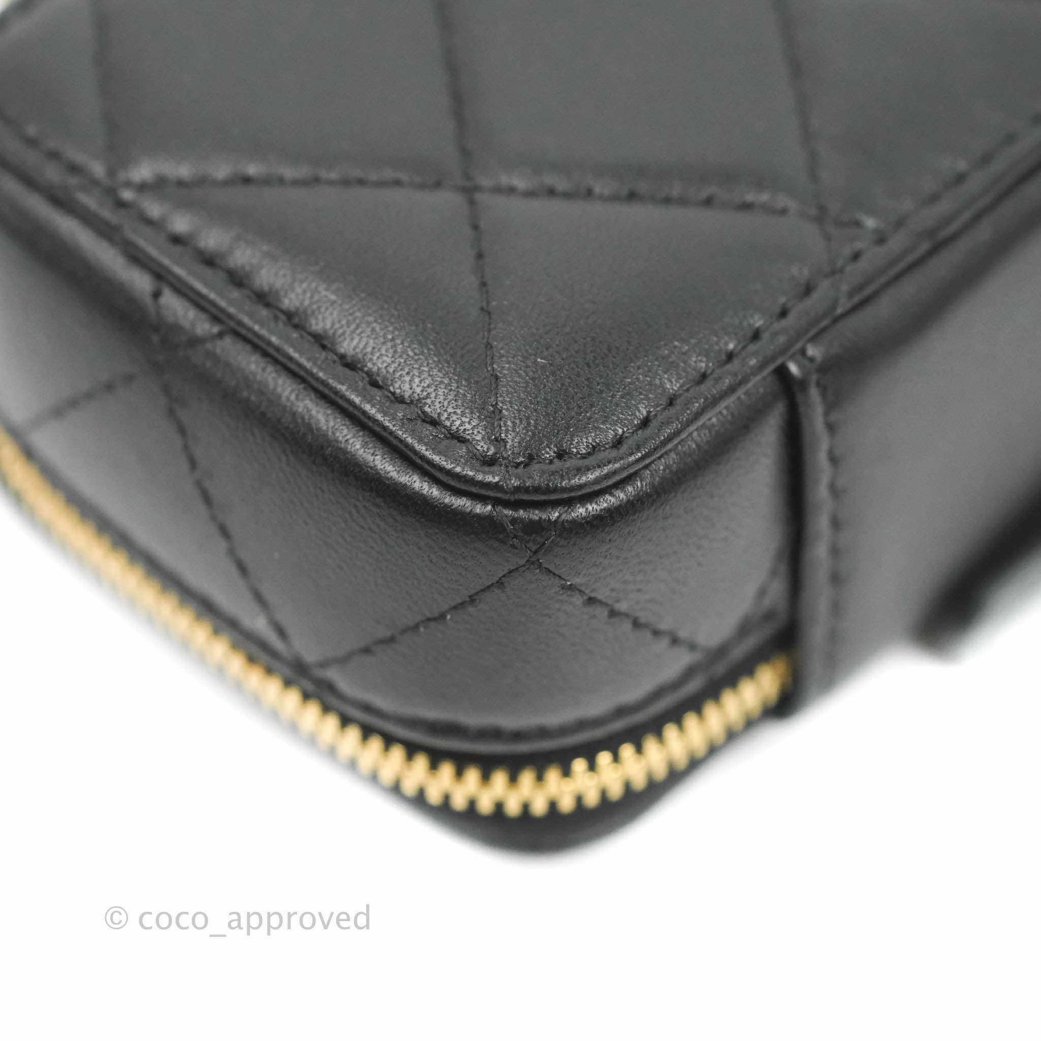 Chanel Metal Quilted Extra Mini Vanity Case With Chain Black Gold Lambskin