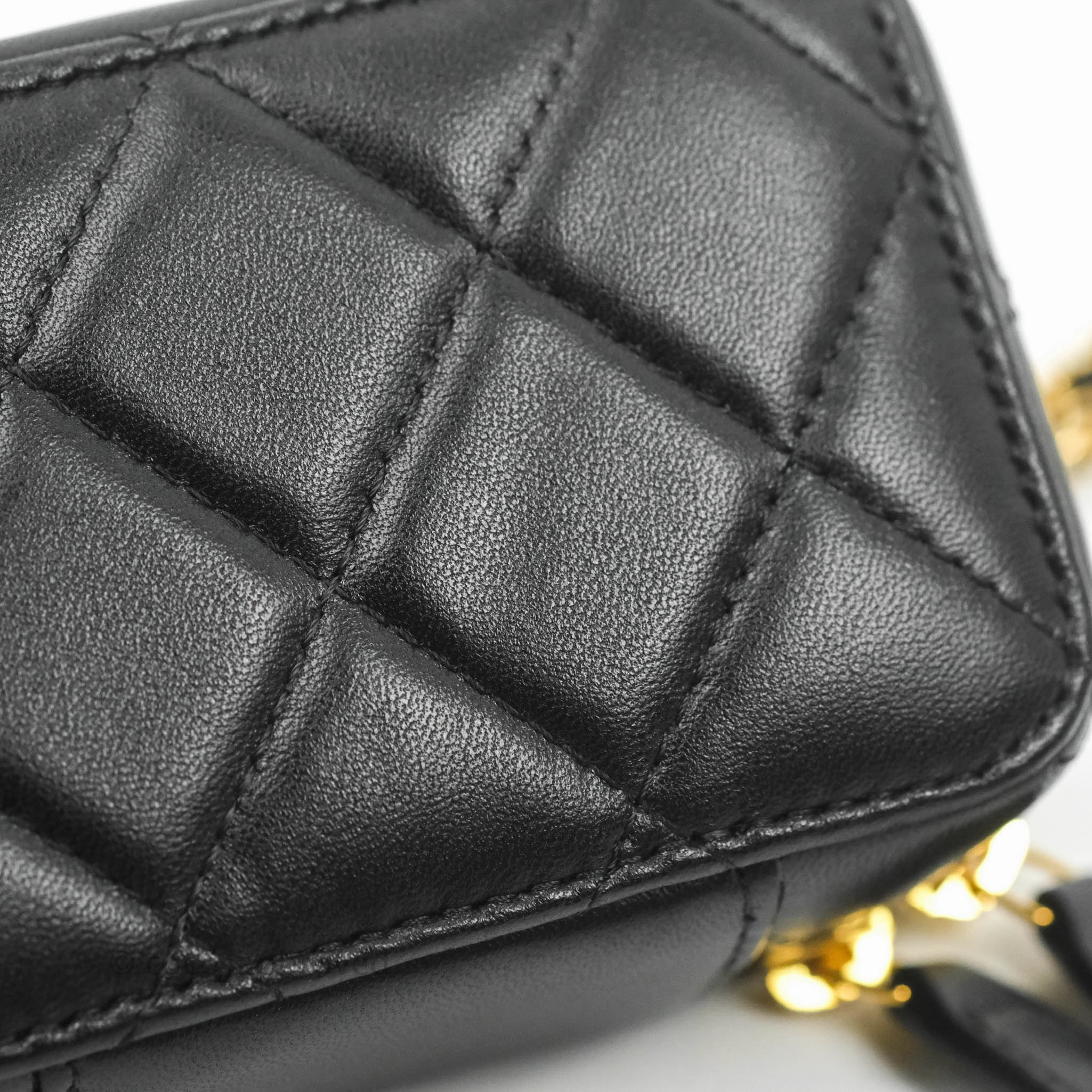 Chanel Metal Quilted Extra Mini Vanity Case With Chain Black Gold Lambskin
