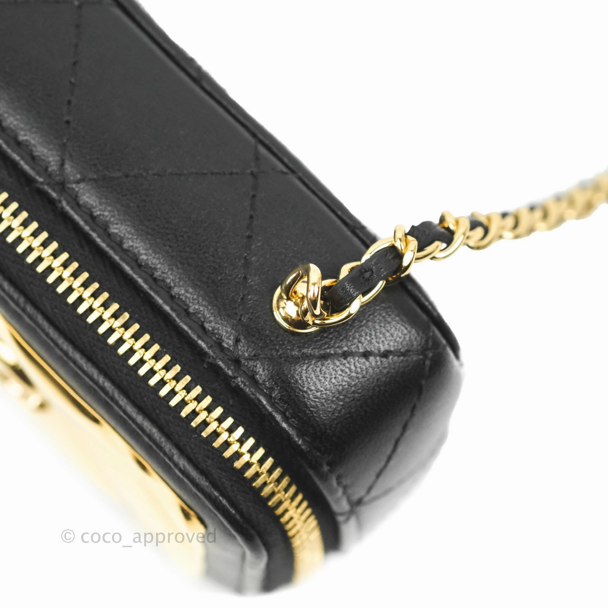 Chanel Metal Quilted Extra Mini Vanity Case With Chain Black Gold Lambskin
