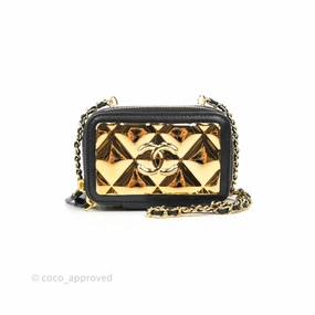 Chanel Metal Quilted Extra Mini Vanity Case With Chain Black Gold Lambskin