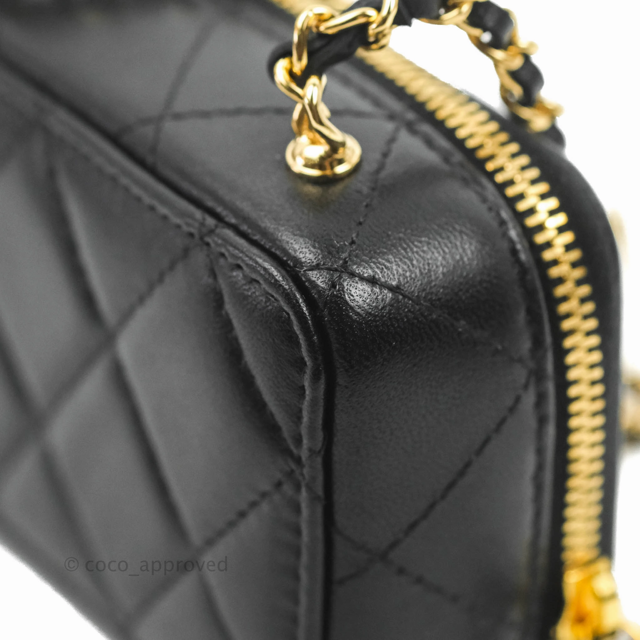 Chanel Metal Quilted Extra Mini Vanity Case With Chain Black Gold Lambskin