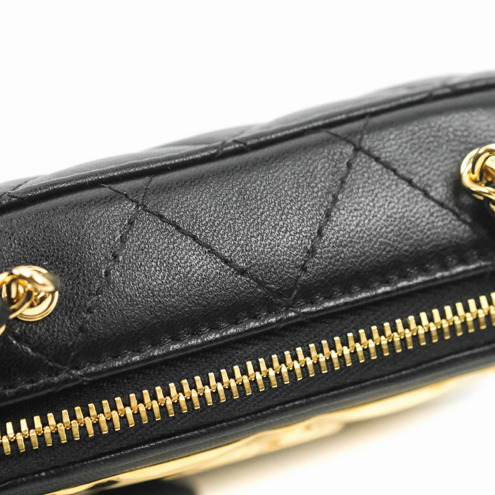 Chanel Metal Quilted Extra Mini Vanity Case With Chain Black Gold Lambskin