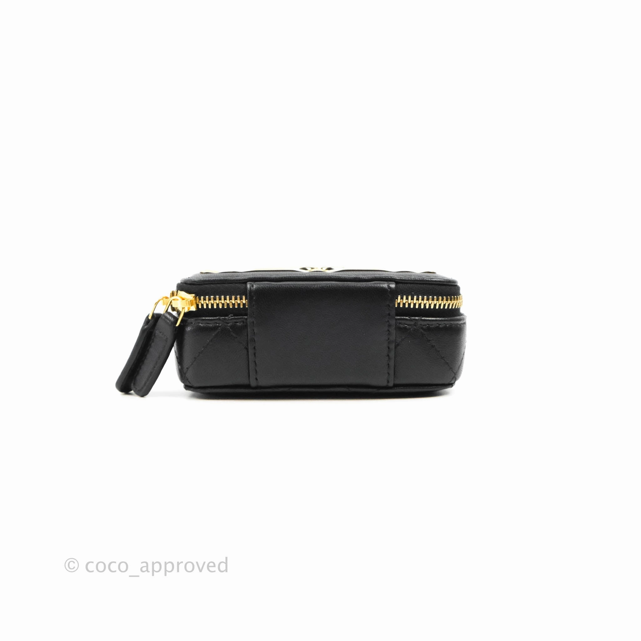 Chanel Metal Quilted Extra Mini Vanity Case With Chain Black Gold Lambskin