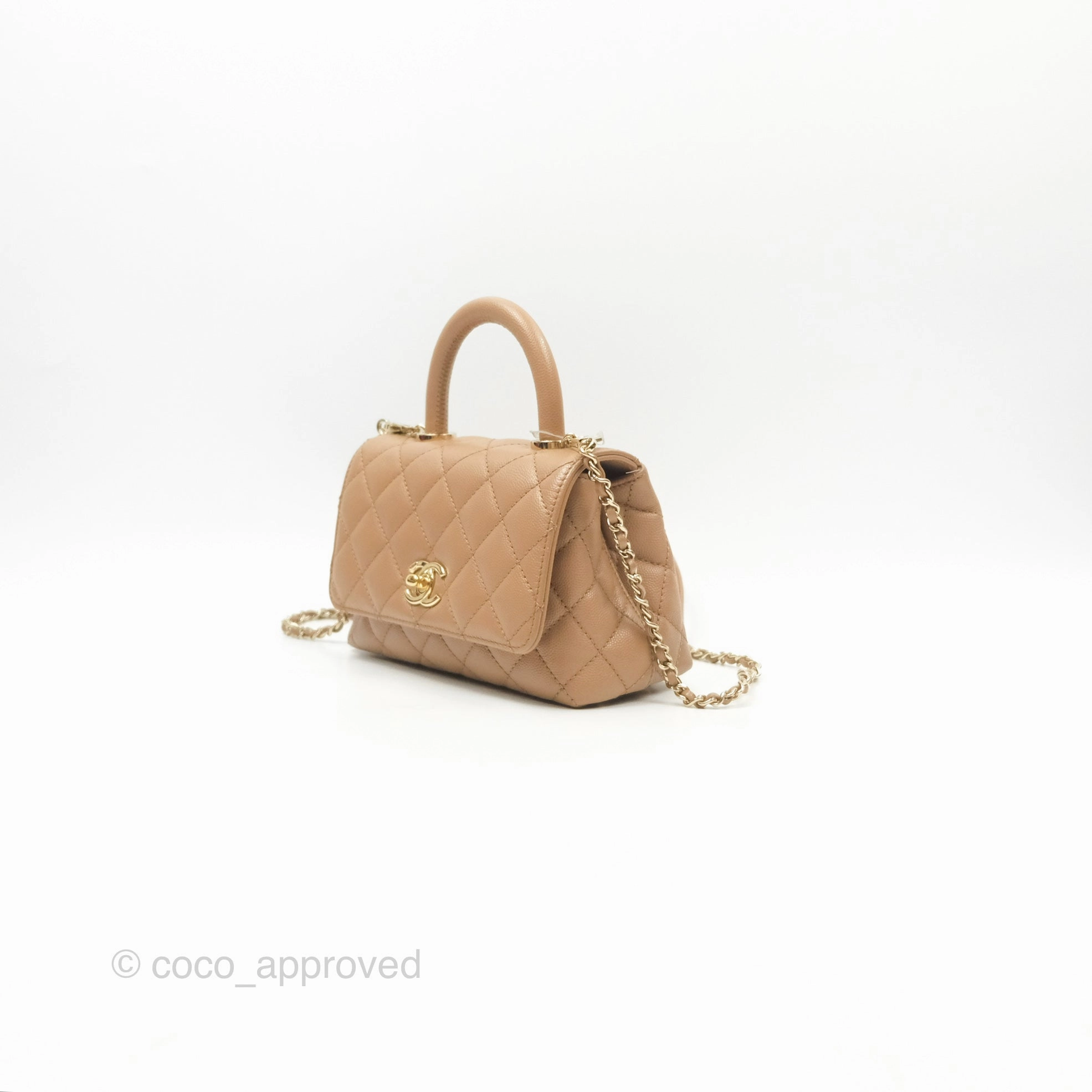 Chanel Mini Coco Handle Quilted Beige Caviar Gold Hardware