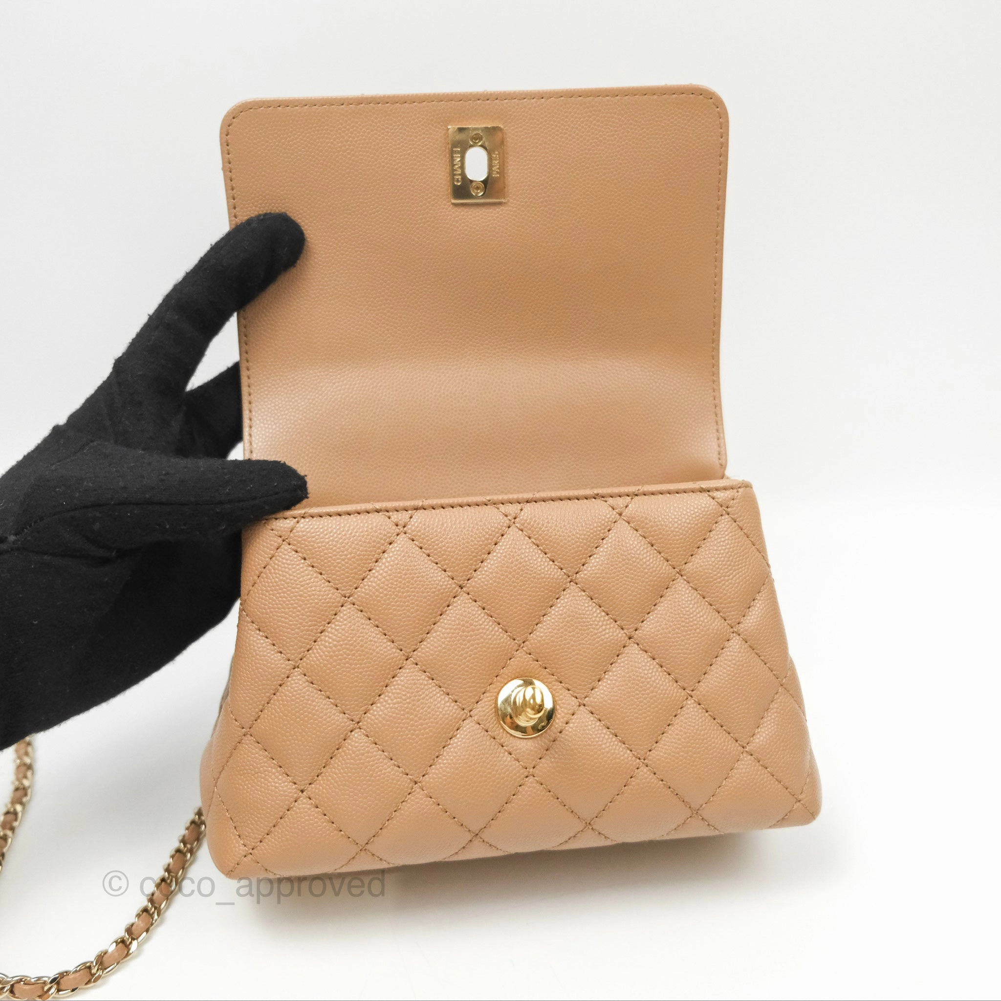 Chanel Mini Coco Handle Quilted Beige Caviar Gold Hardware