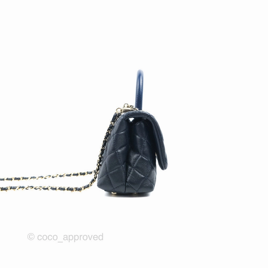 Chanel Mini Coco Handle Quilted Navy Caviar Gold Hardware Lizard Embossed Handle