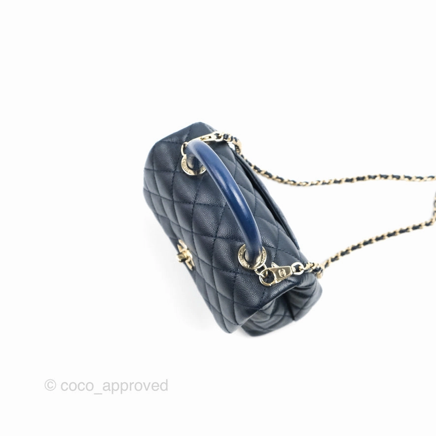 Chanel Mini Coco Handle Quilted Navy Caviar Gold Hardware Lizard Embossed Handle