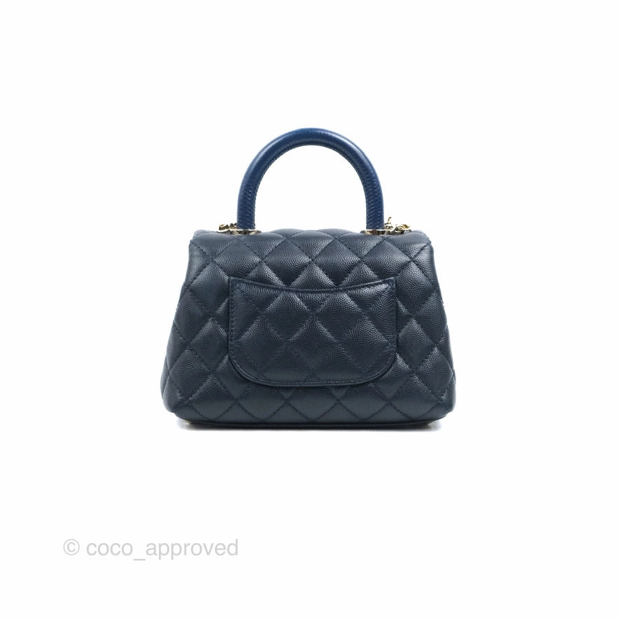 Chanel Mini Coco Handle Quilted Navy Caviar Gold Hardware Lizard Embossed Handle