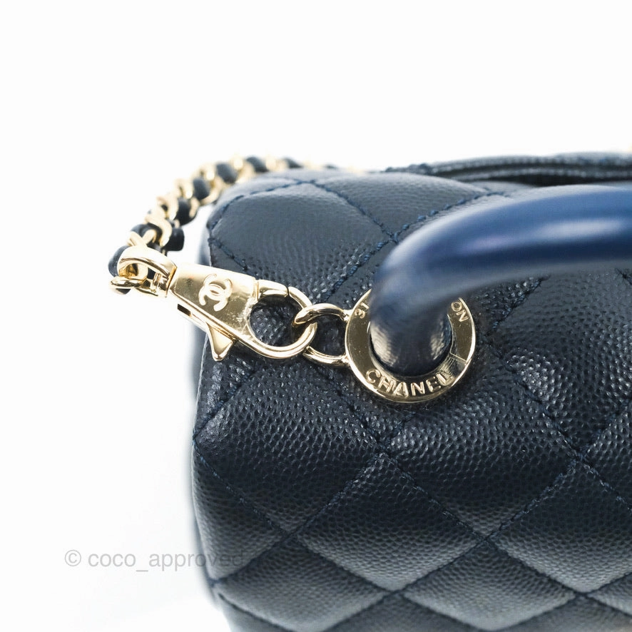 Chanel Mini Coco Handle Quilted Navy Caviar Gold Hardware Lizard Embossed Handle
