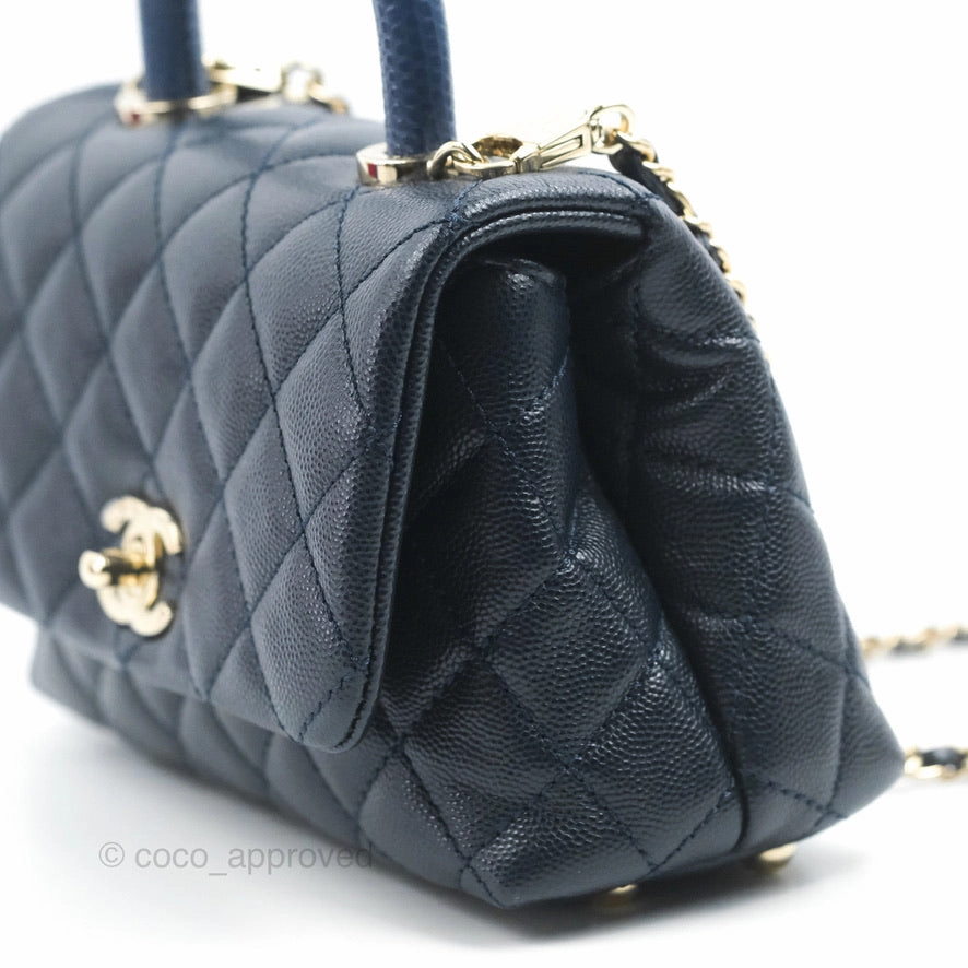 Chanel Mini Coco Handle Quilted Navy Caviar Gold Hardware Lizard Embossed Handle