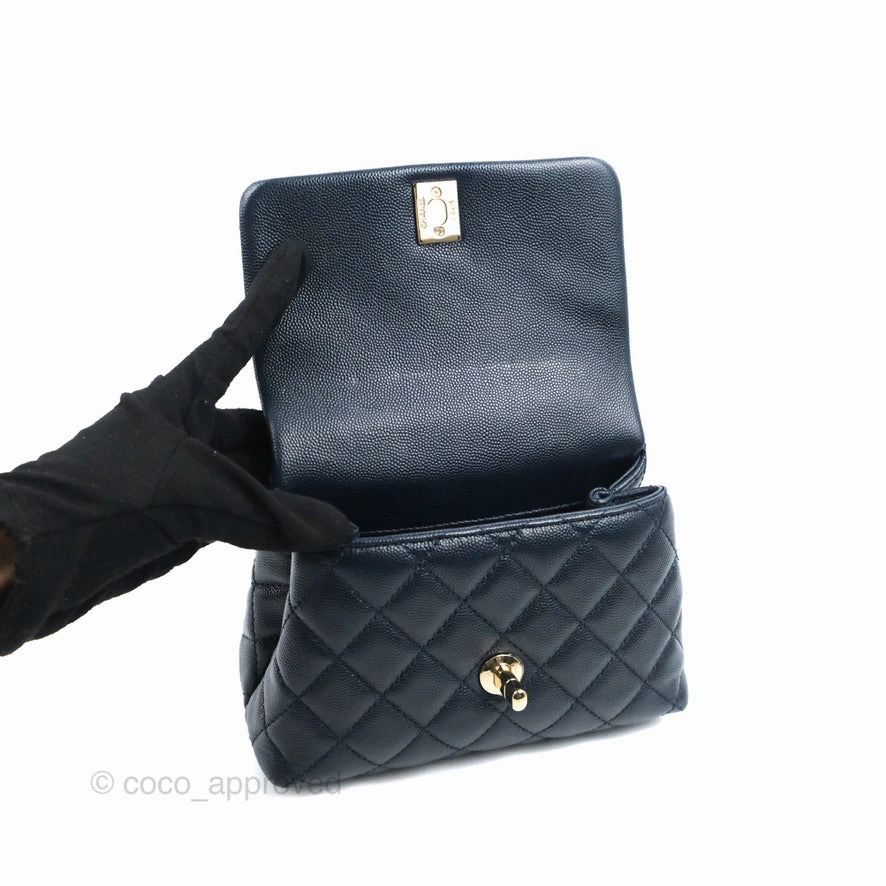 Chanel Mini Coco Handle Quilted Navy Caviar Gold Hardware Lizard Embossed Handle