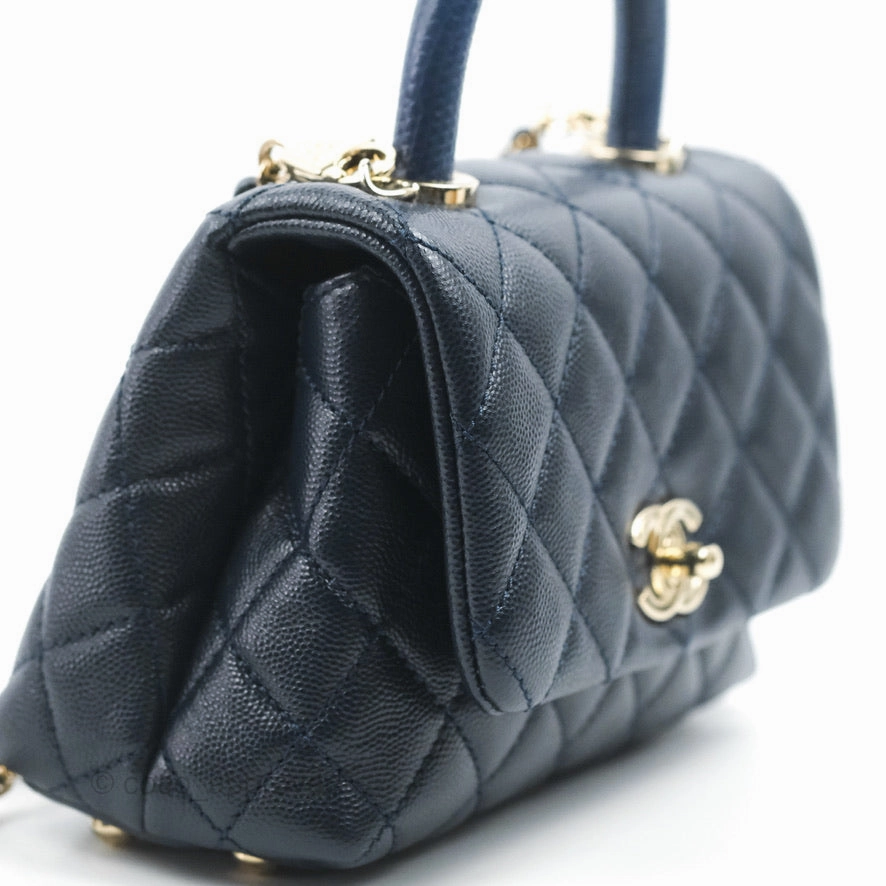 Chanel Mini Coco Handle Quilted Navy Caviar Gold Hardware Lizard Embossed Handle