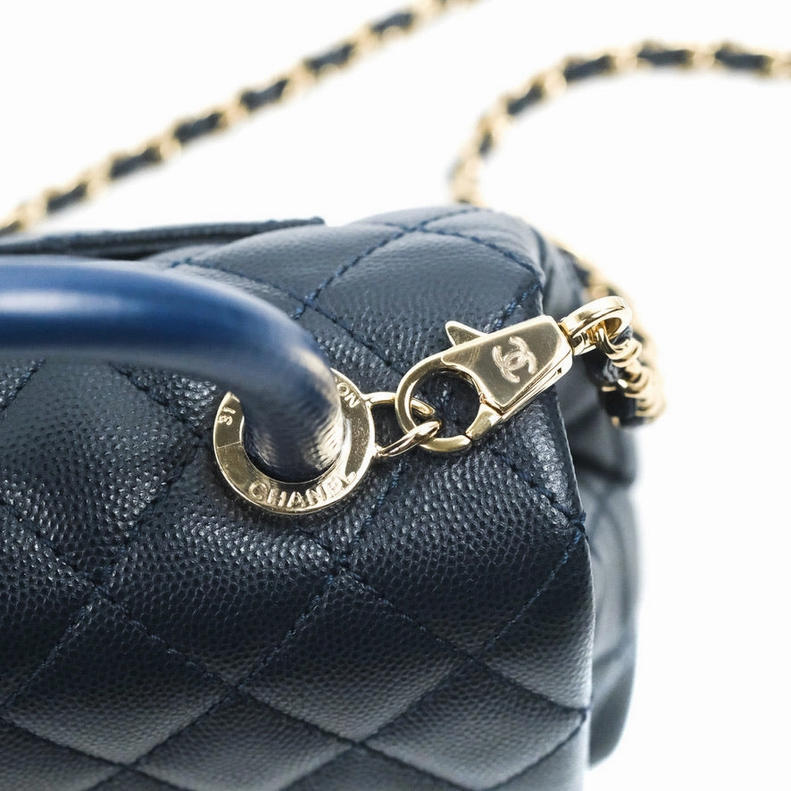 Chanel Mini Coco Handle Quilted Navy Caviar Gold Hardware Lizard Embossed Handle