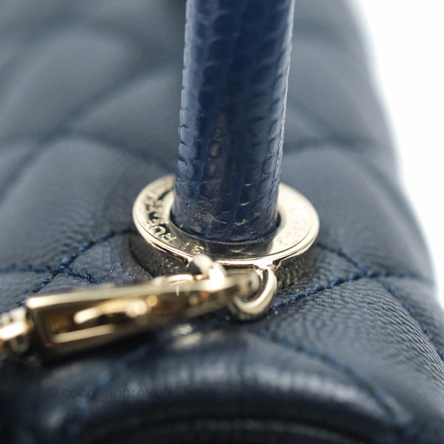 Chanel Mini Coco Handle Quilted Navy Caviar Gold Hardware Lizard Embossed Handle
