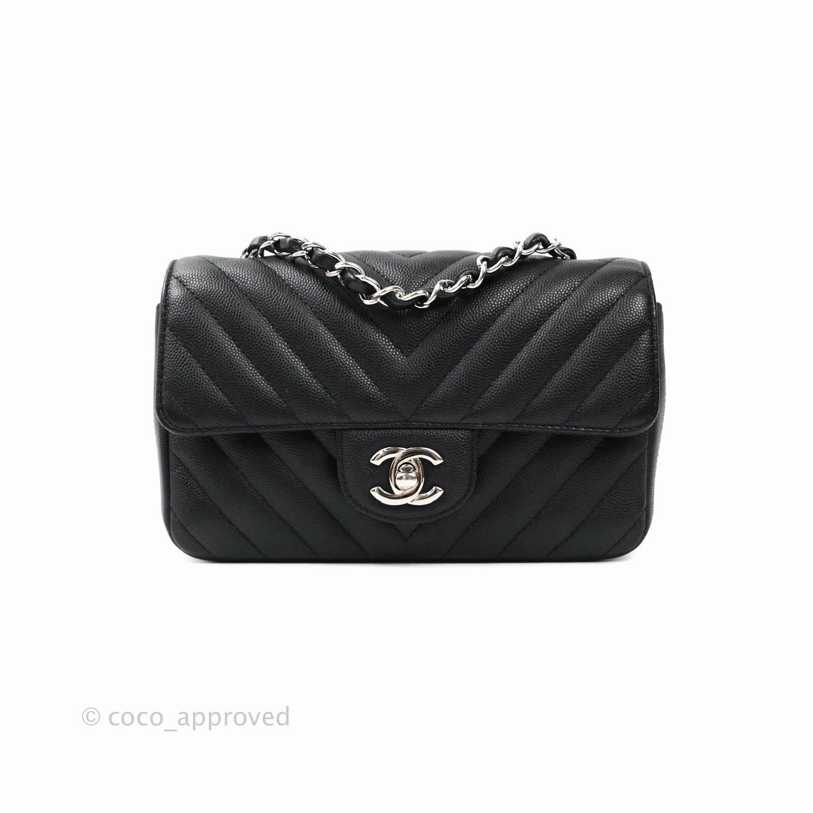 Chanel Mini Rectangular Chevron Caviar Black Silver Hardware