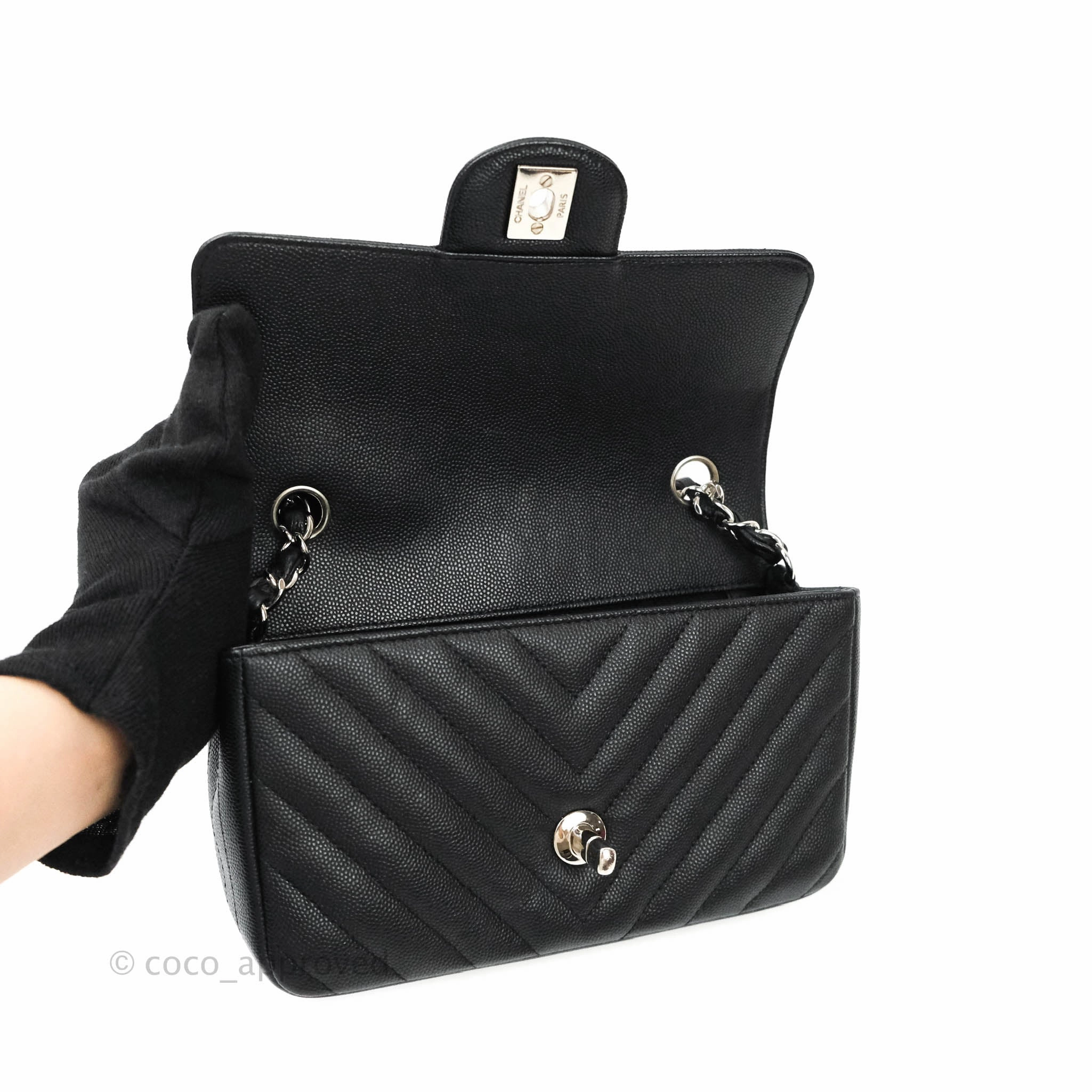 Chanel Mini Rectangular Chevron Caviar Black Silver Hardware