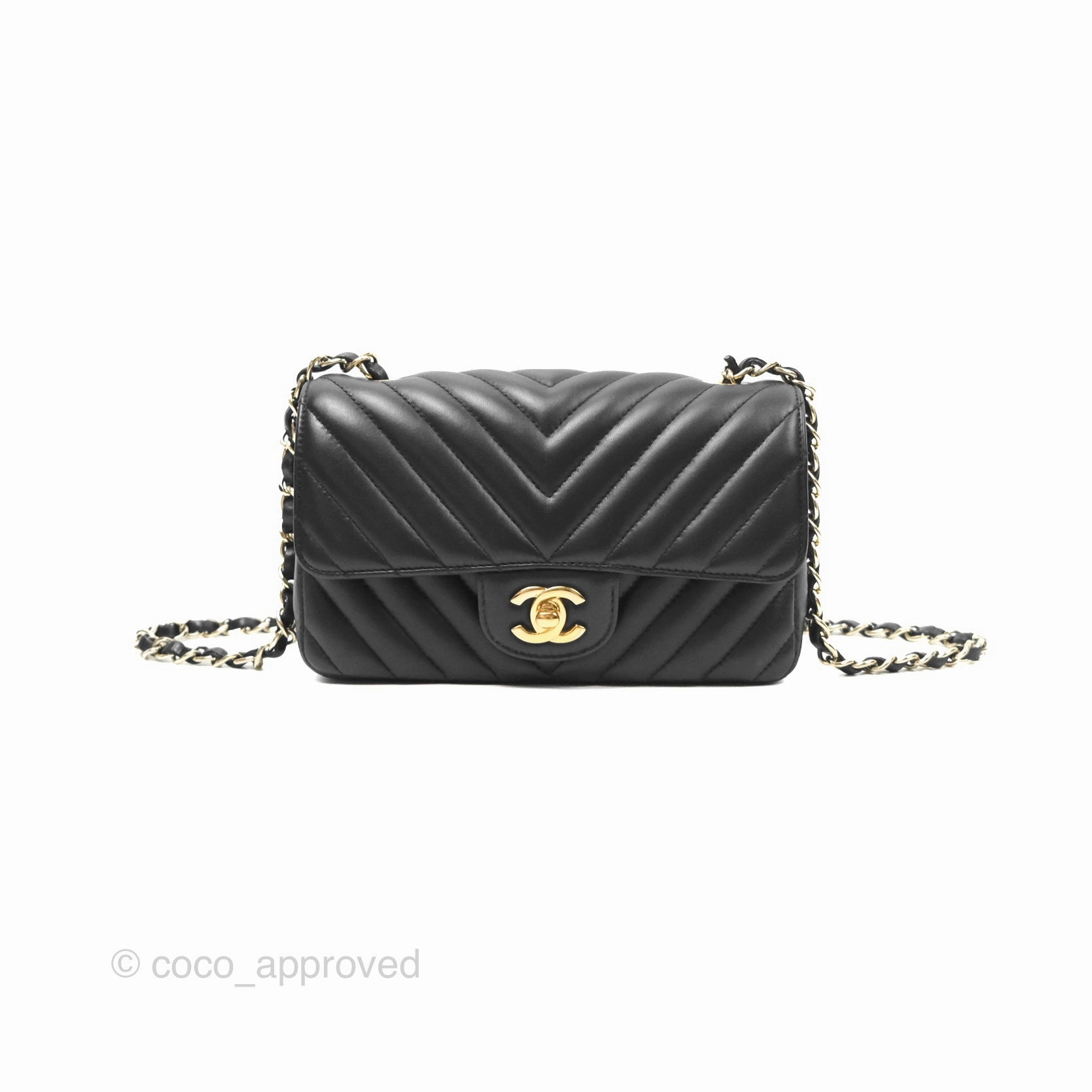 Chanel Mini Rectangular Flap Chevron Black Lambskin Gold Hardware