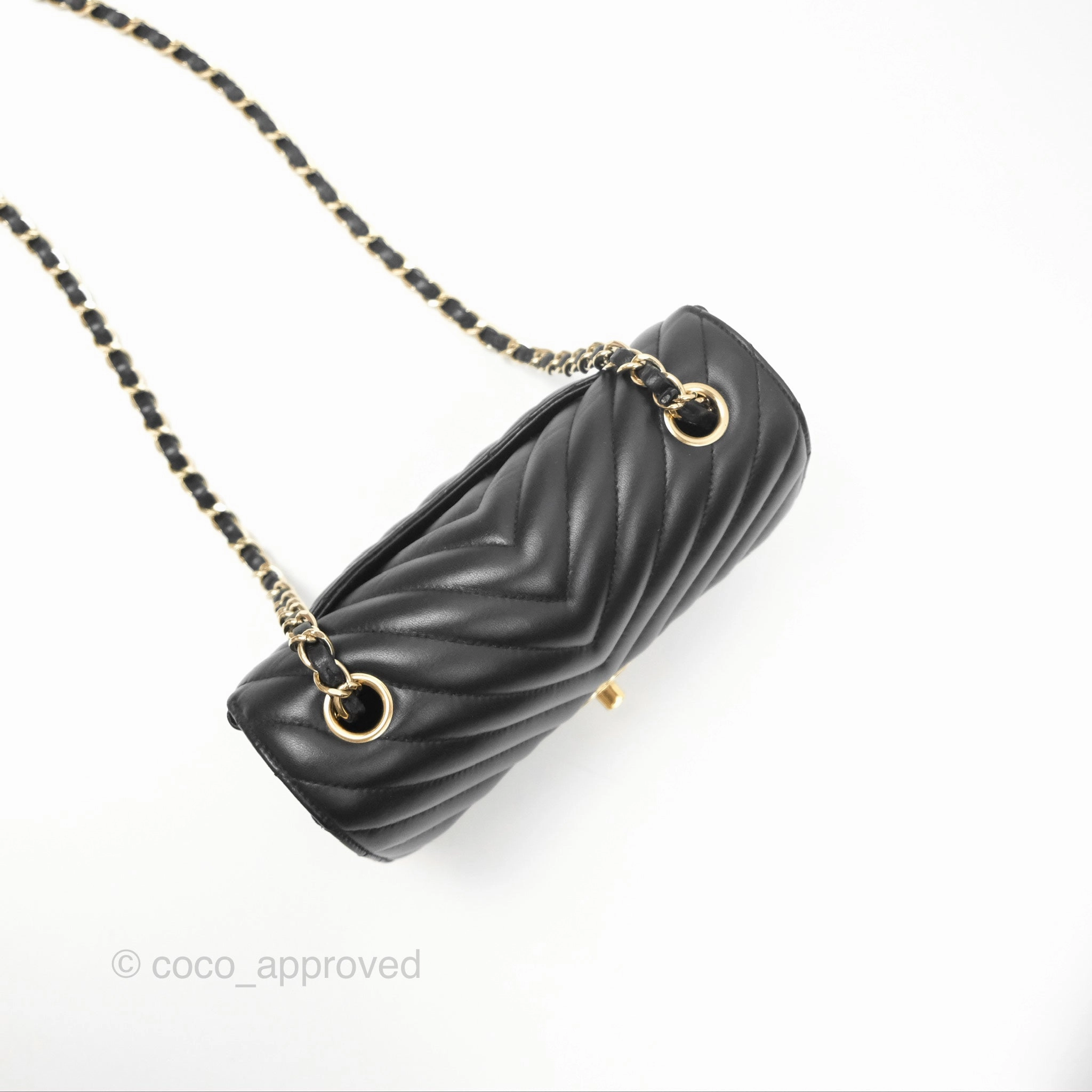 Chanel Mini Rectangular Flap Chevron Black Lambskin Gold Hardware