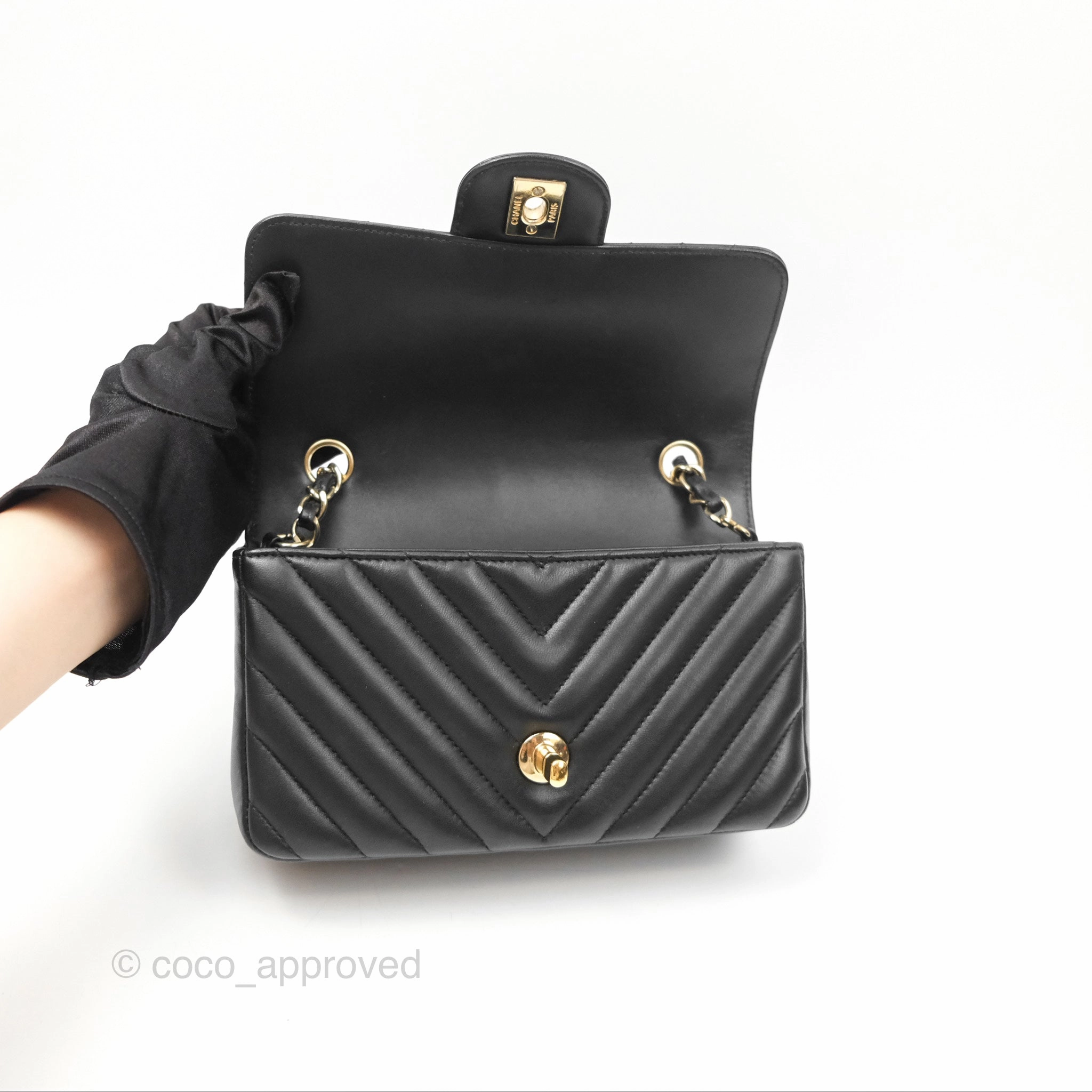 Chanel Mini Rectangular Flap Chevron Black Lambskin Gold Hardware