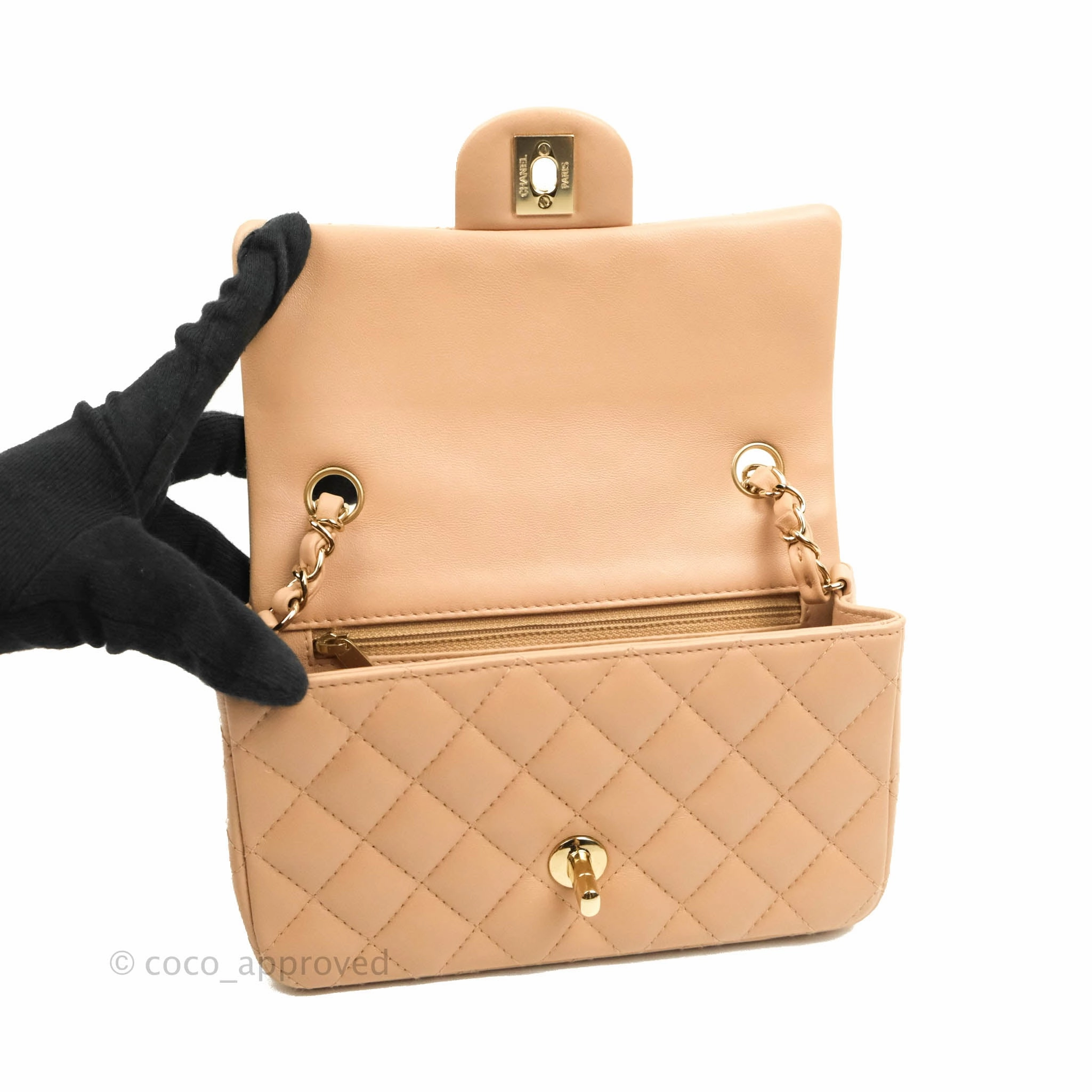 Chanel Mini Rectangular Flap Quilted Beige Lambskin Gold Hardware 21A