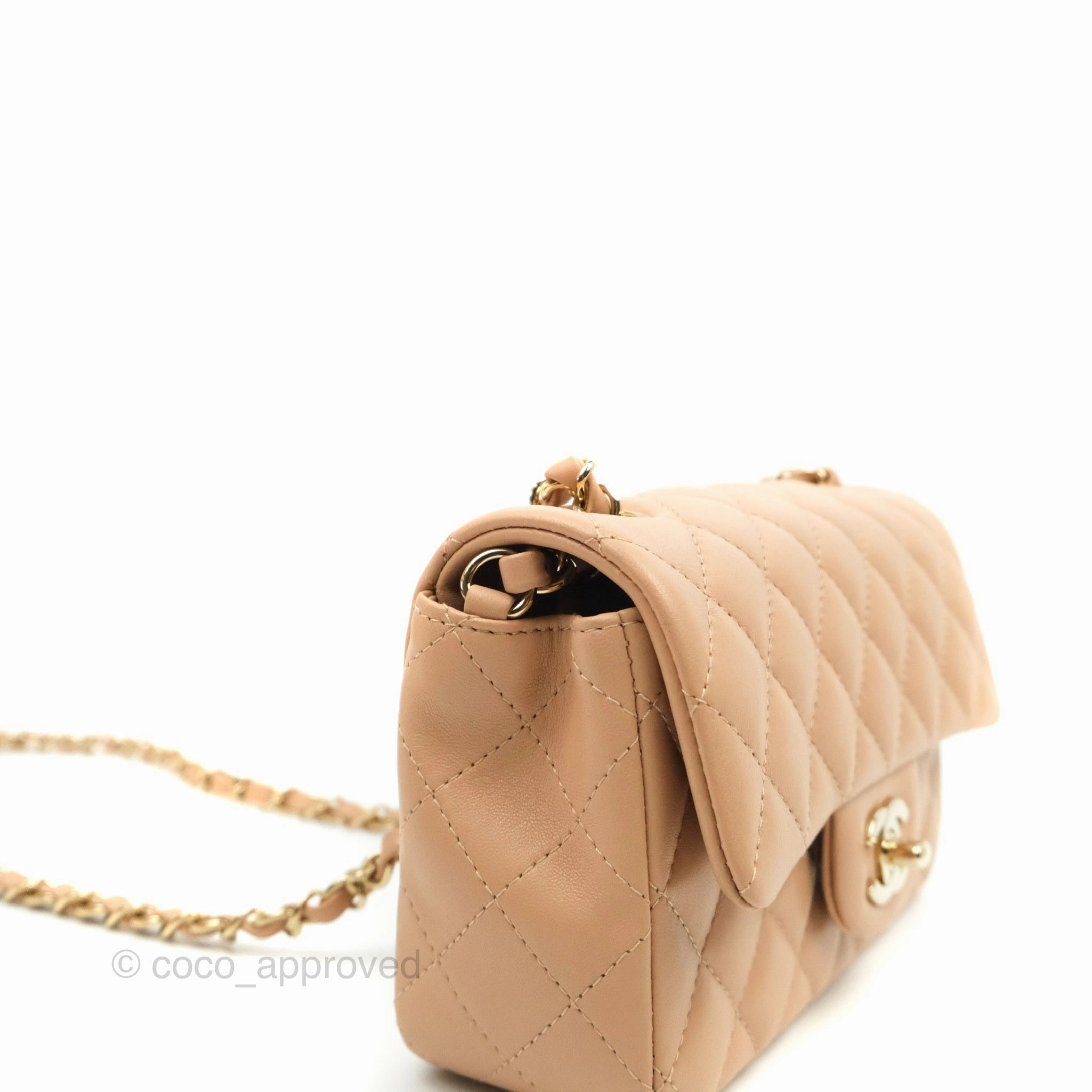 Chanel Mini Rectangular Flap Quilted Beige Pink Lambskin Gold Hardware